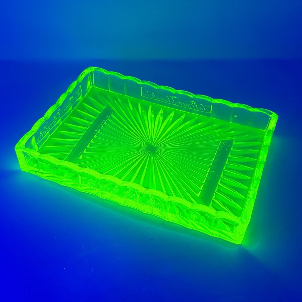 Vintage Uranium Glass Tray Hoffman Chocolates Antique Vaseline Advertising Glow