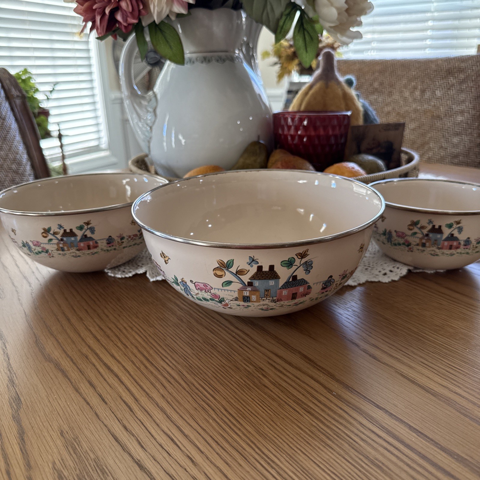 Vtg 80s International China Heartland 7774 Enamel Nesting Mixing Bowls Set of 3