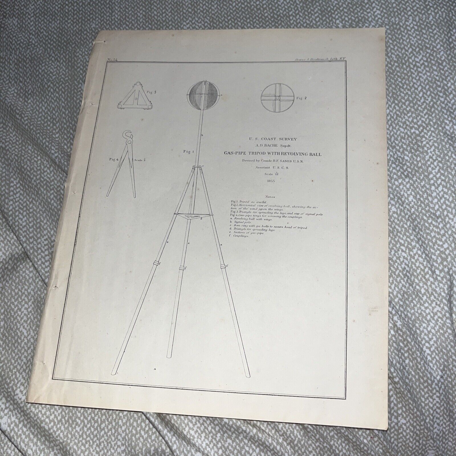 1855 US Coast Survey Lithograph: Gas-Pipe Tripod with Revolving Ball