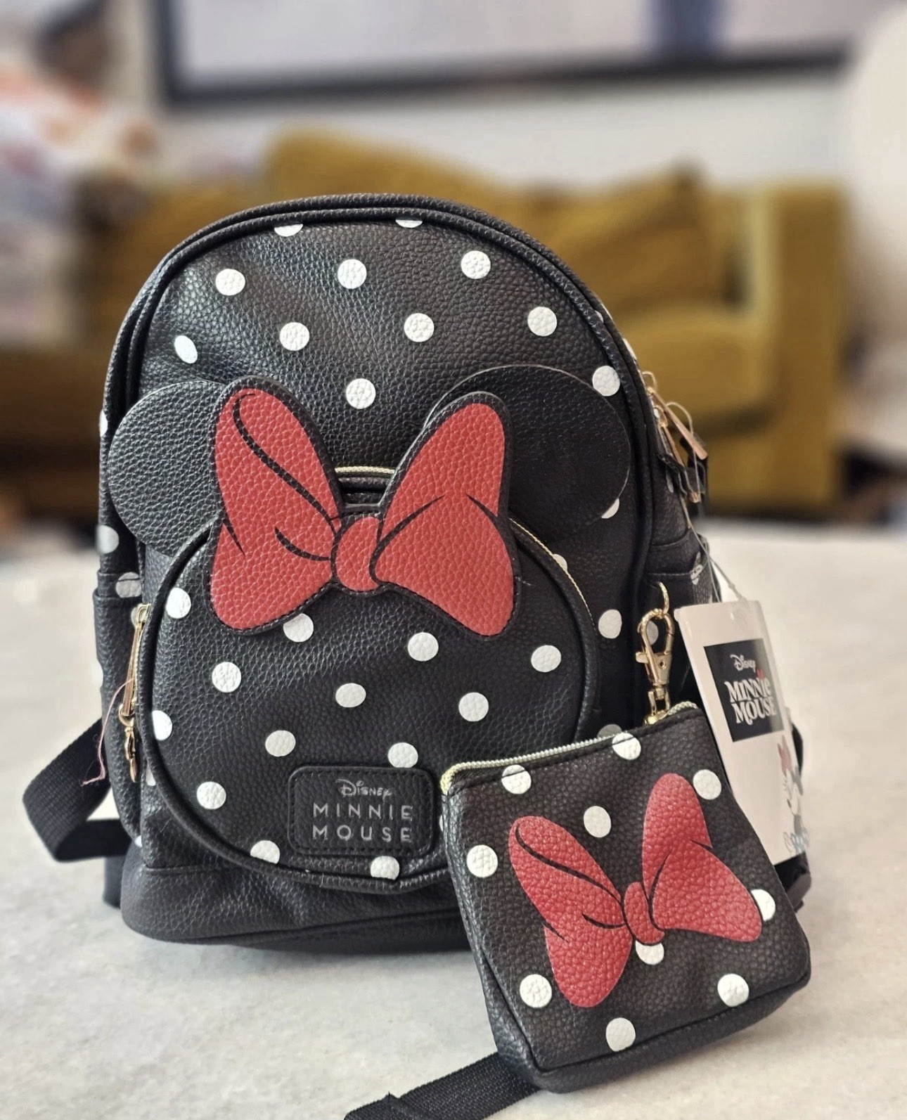 Disney Minnie Mouse Mini Backpack Black White Polka Dot Red Bow Coin Purse Bag