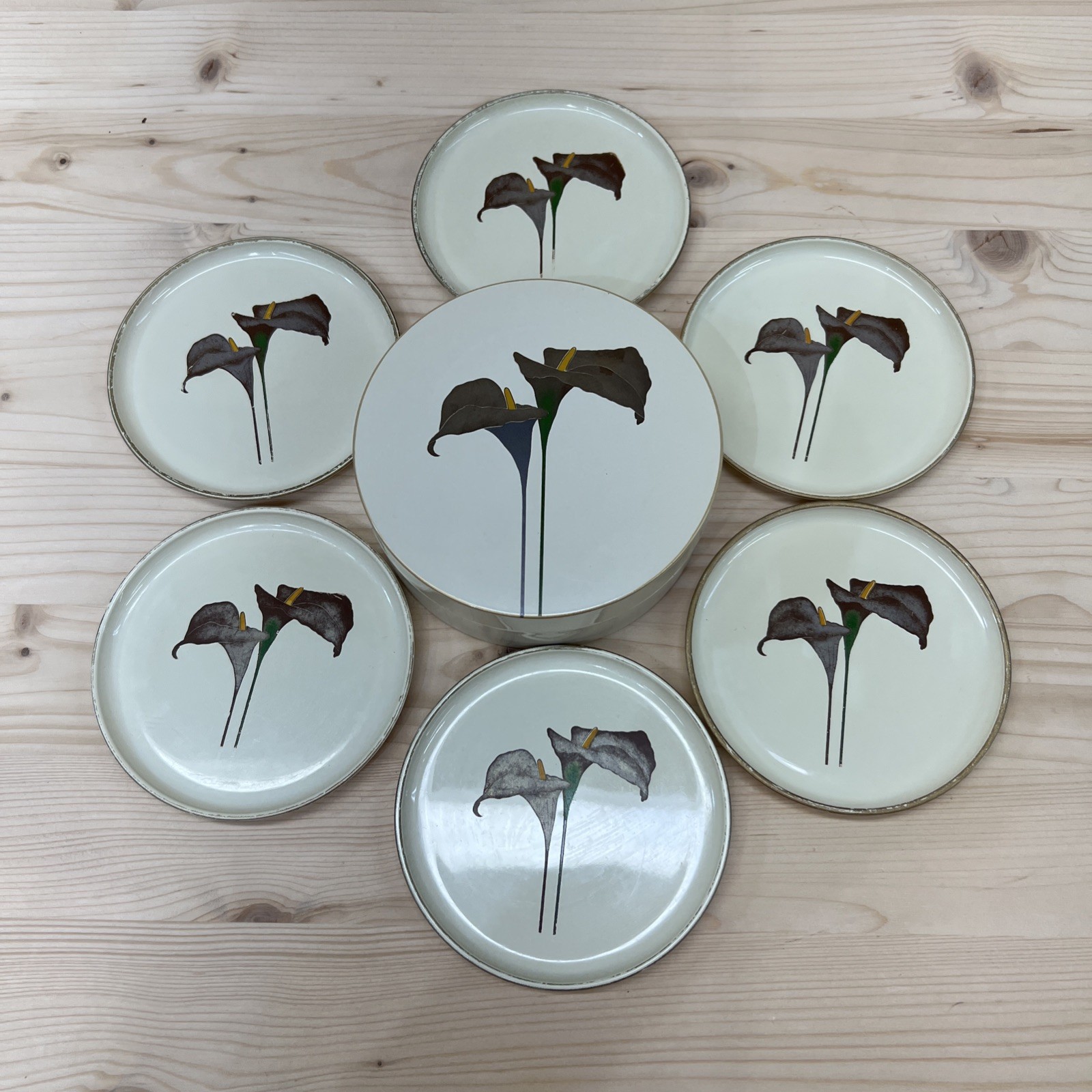 Otagiri Coaster Set Golden Calla Made in Japan Set of 6 in Box MCM Plastic