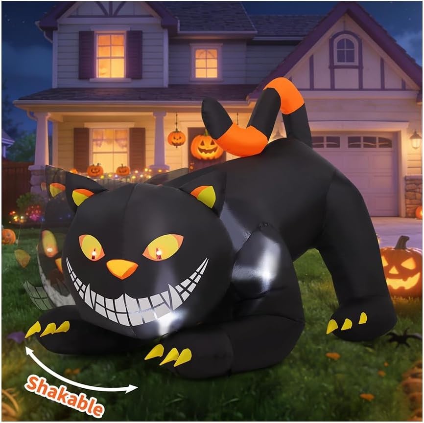 Durable 6 FT Black Cat Halloween Inflatable with Shakable Head & Accessories