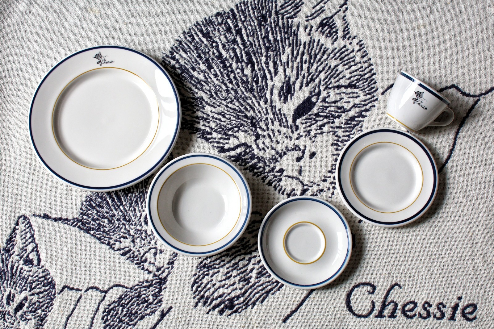 Pristine C&O Railroad Chessie Cat 5-Pc Dinnerware Place Setting 1988 COHS Repro.