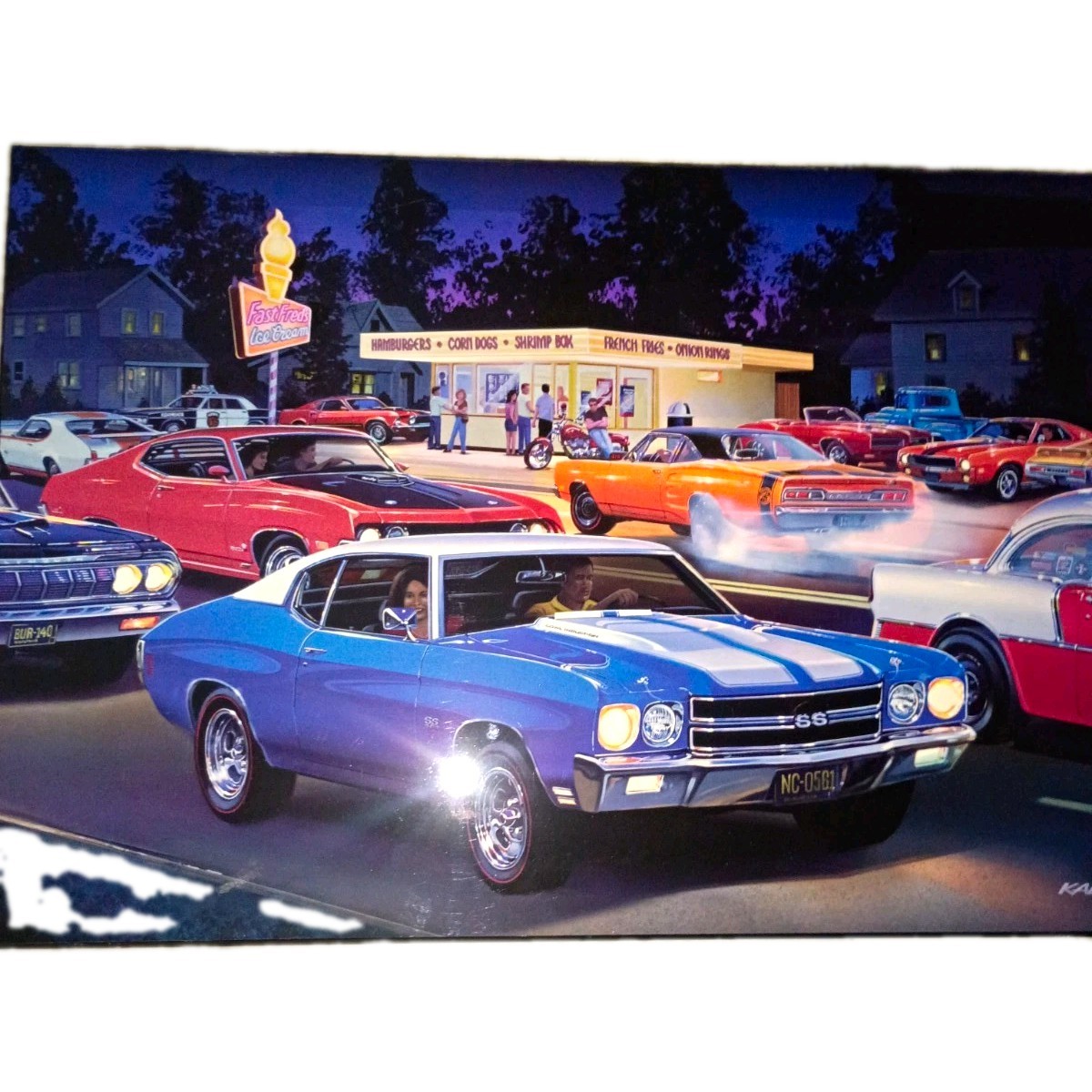 1983 American Classic Cars Cruise Night Diner Scene Poster - American Vehicles