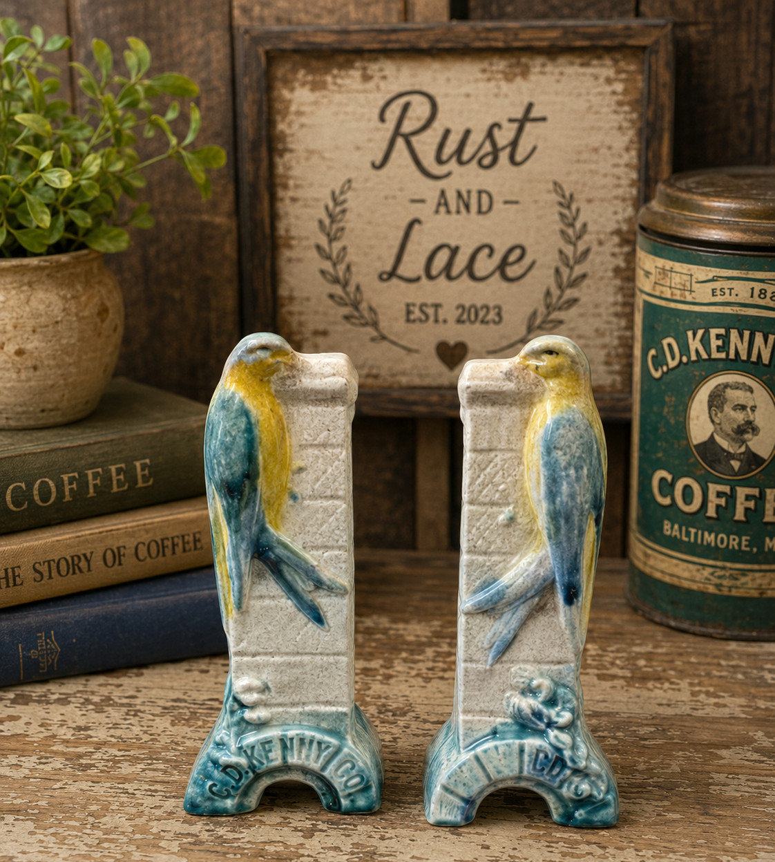 Pair Antique C D Kenny Coffee Tea Baltimore Bird Advertising Vases