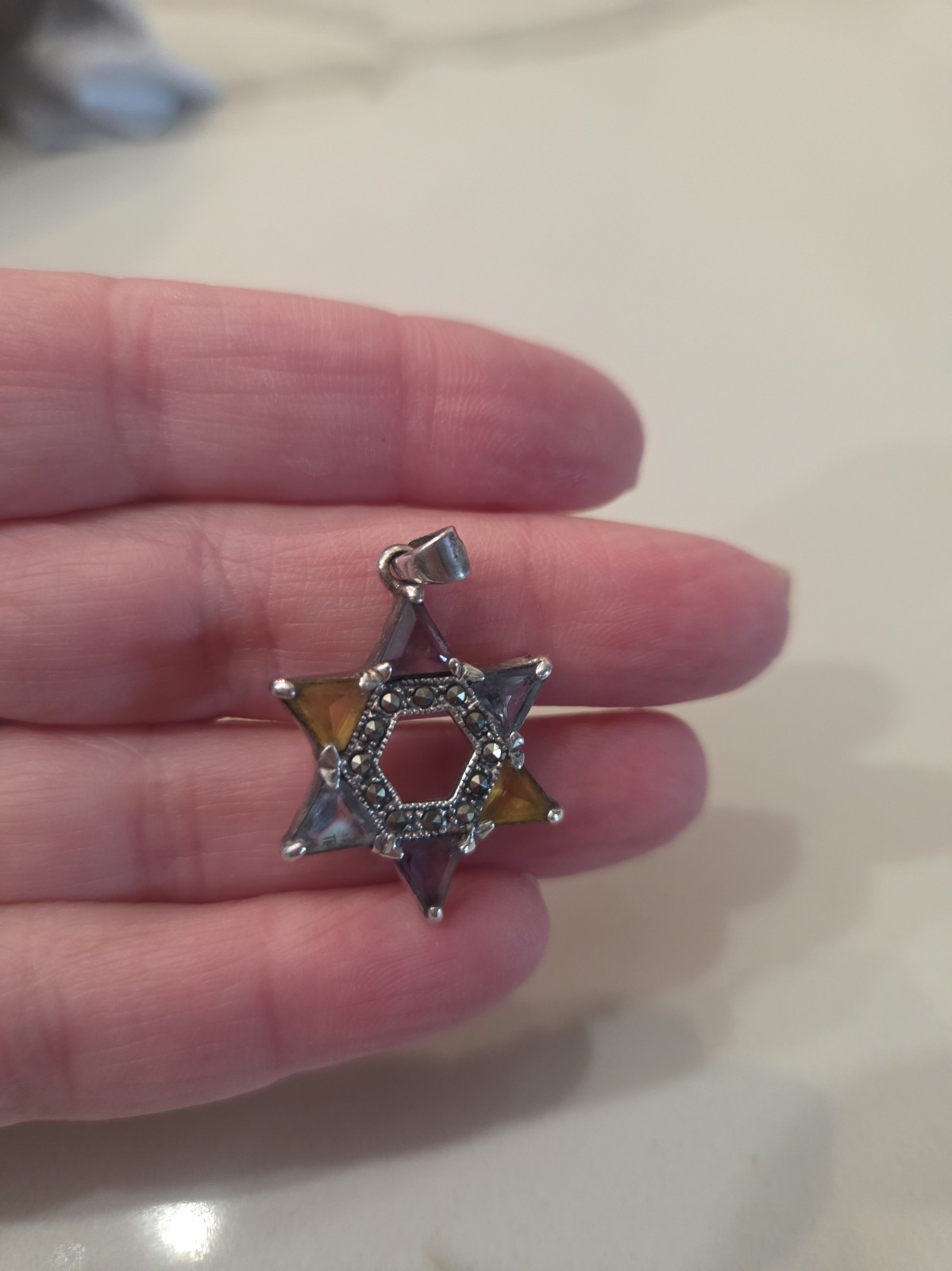 Vintage 925 Sterling Silver Multi Gemstone Marcasite Star of David Pendant