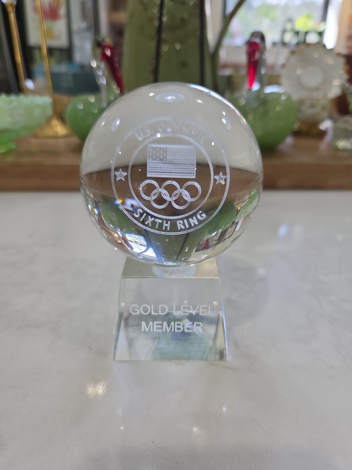 Paperweight US Olympic Sixth Ring Gold Level Member Etched Glass Stand & Ball Paperweight US Olympic Sixth Ring Gold Level Member Etched Glass Stand & Ball