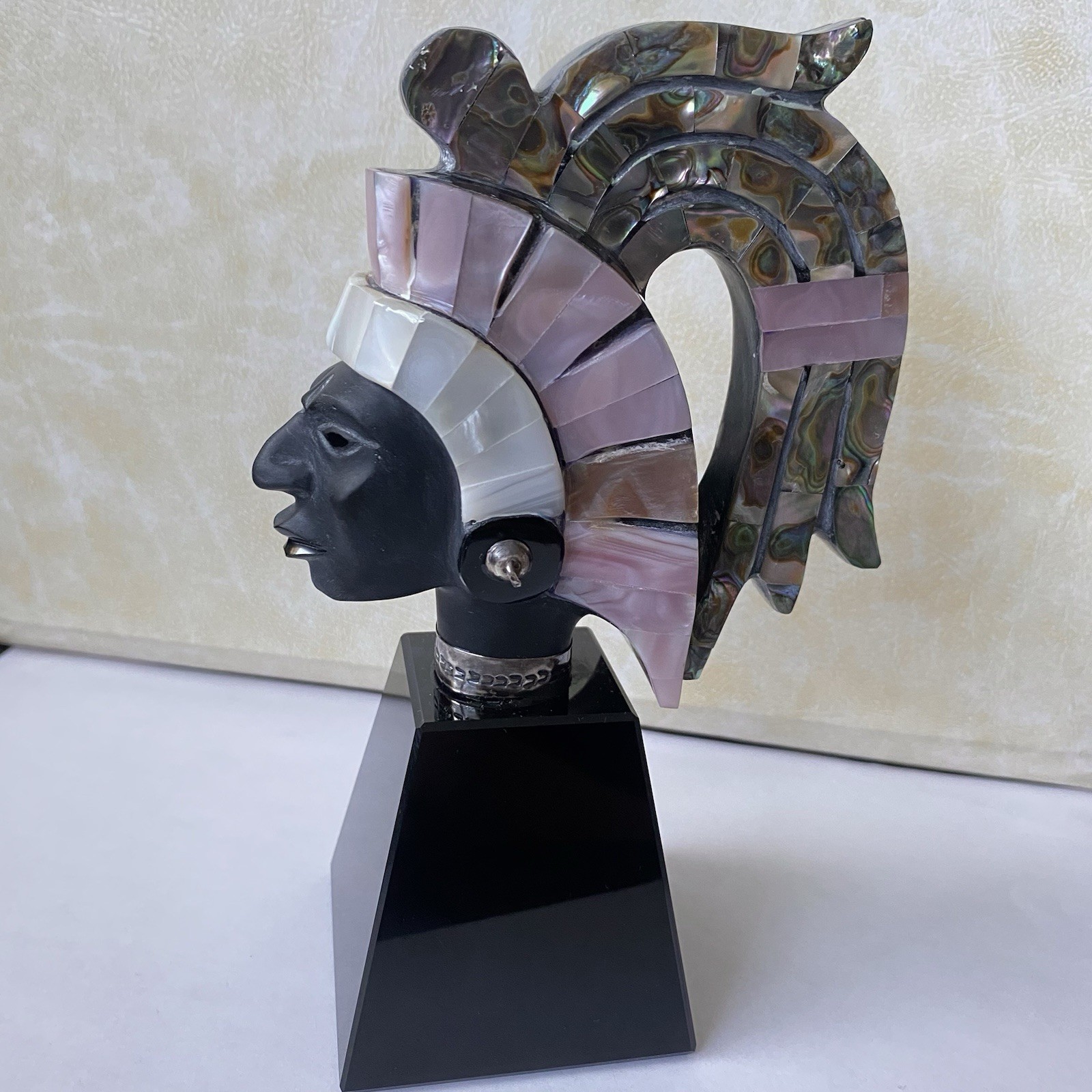 VTG Hand Carved Obsidian Mayan Sculpture Sterling MOP Abalone Shell Inlays AS-IS