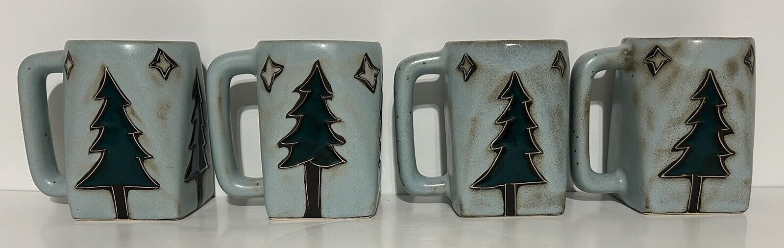 Set of 4 Mara Mexico Stoneware Art Pottery Mugs Pine Tree Stars Square Bottom
