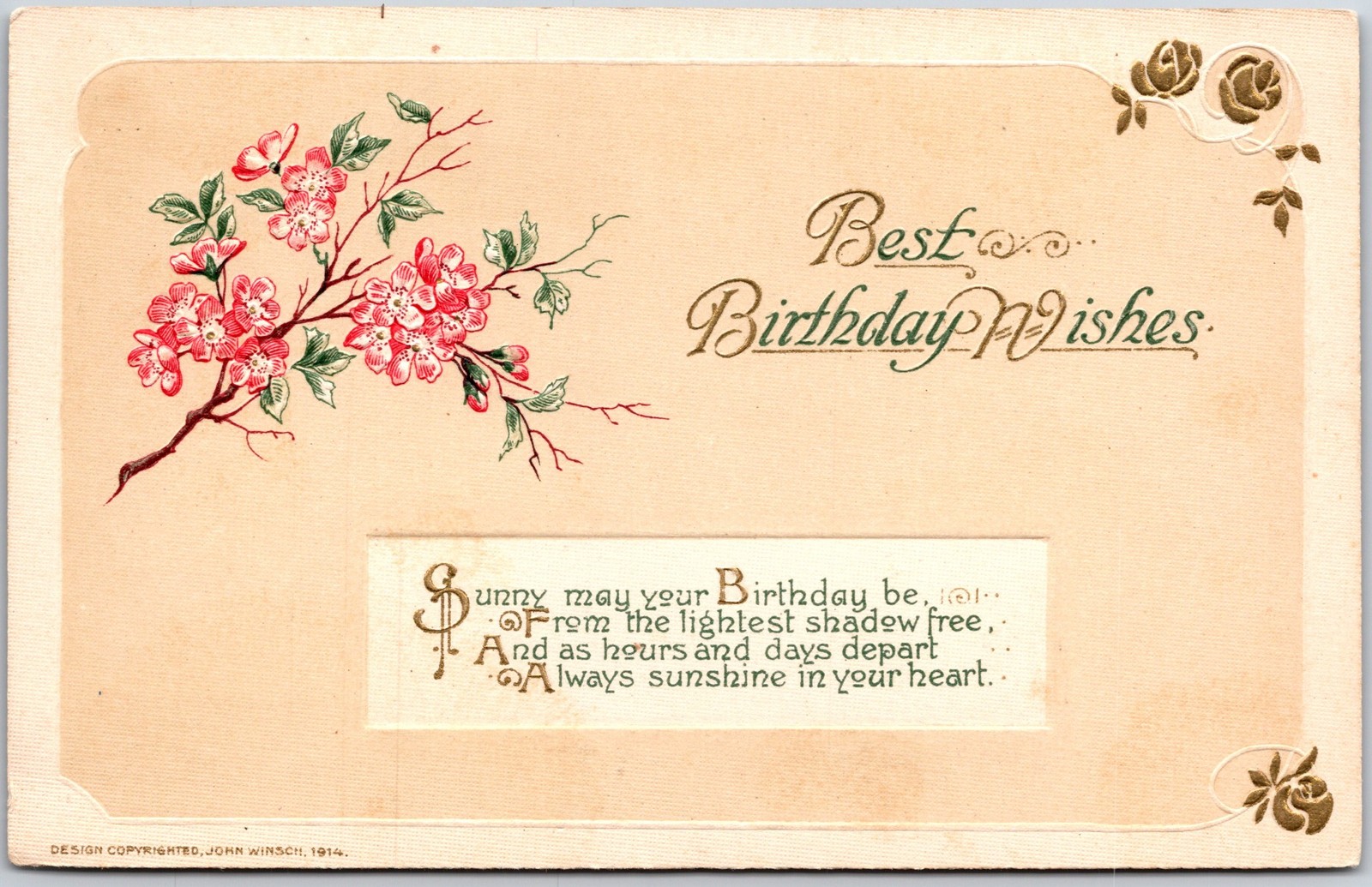Best Birthday Wishes, Pink Apple Blossoms Malus Domestica Gold Embossed Postcard