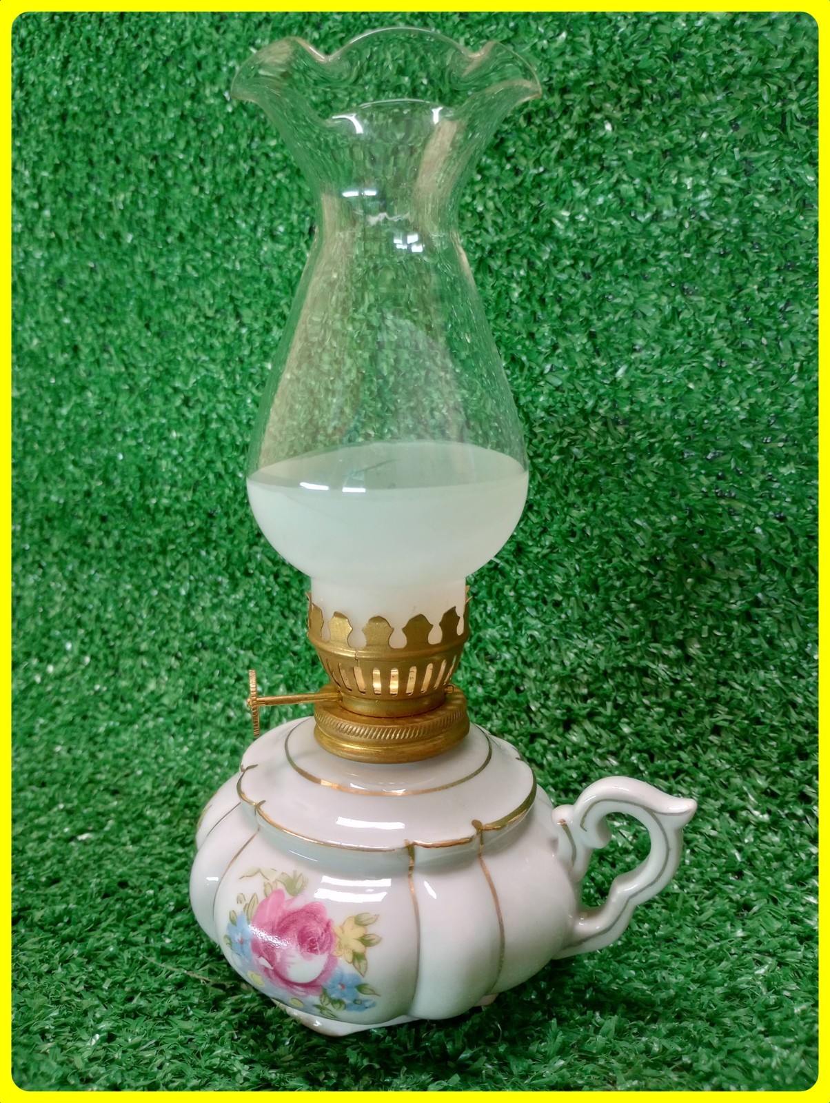 Vintage 1970's Japan Oil Lamp Ceramic Floral 7.5” Tall W/ Wick Handle & Footed