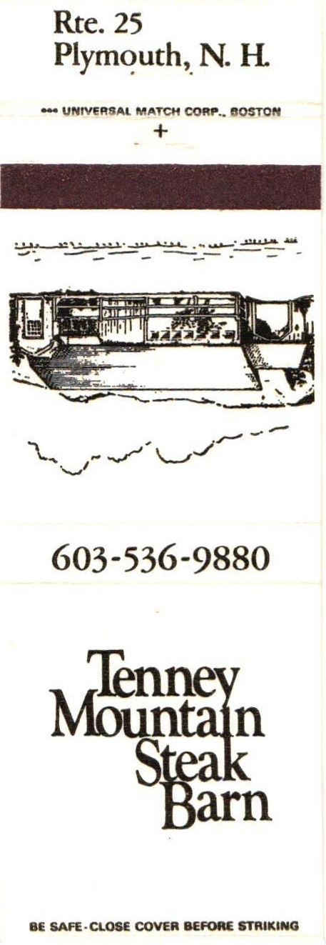 Tenney Mountain Steak Barn Plymouth NH Vintage Matchbook Cover 1970s