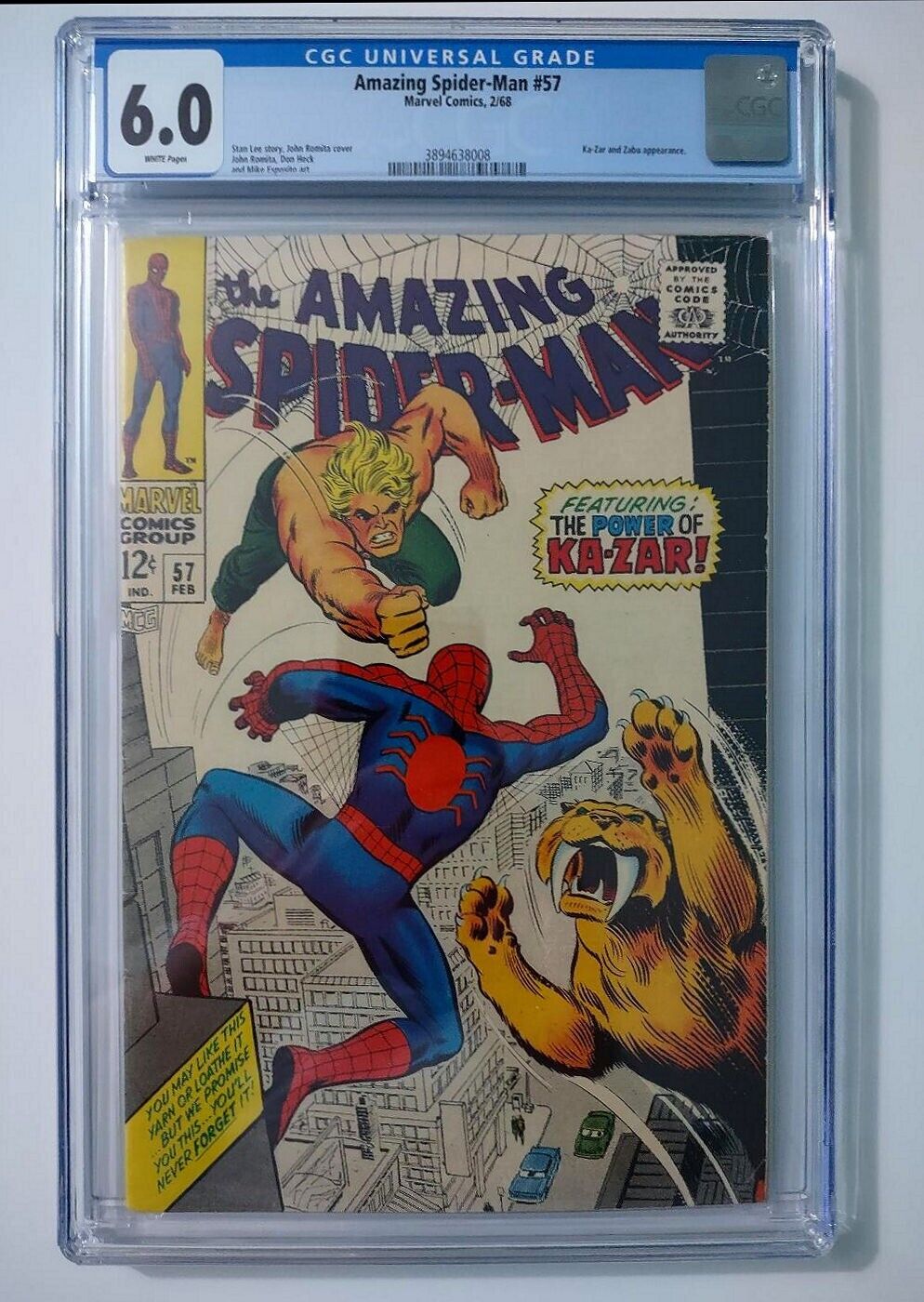1968 The Amazing Spider-Man 57 CGC 6.0 Marvel Comics 2/68: 12-cent Ka-Zar cover