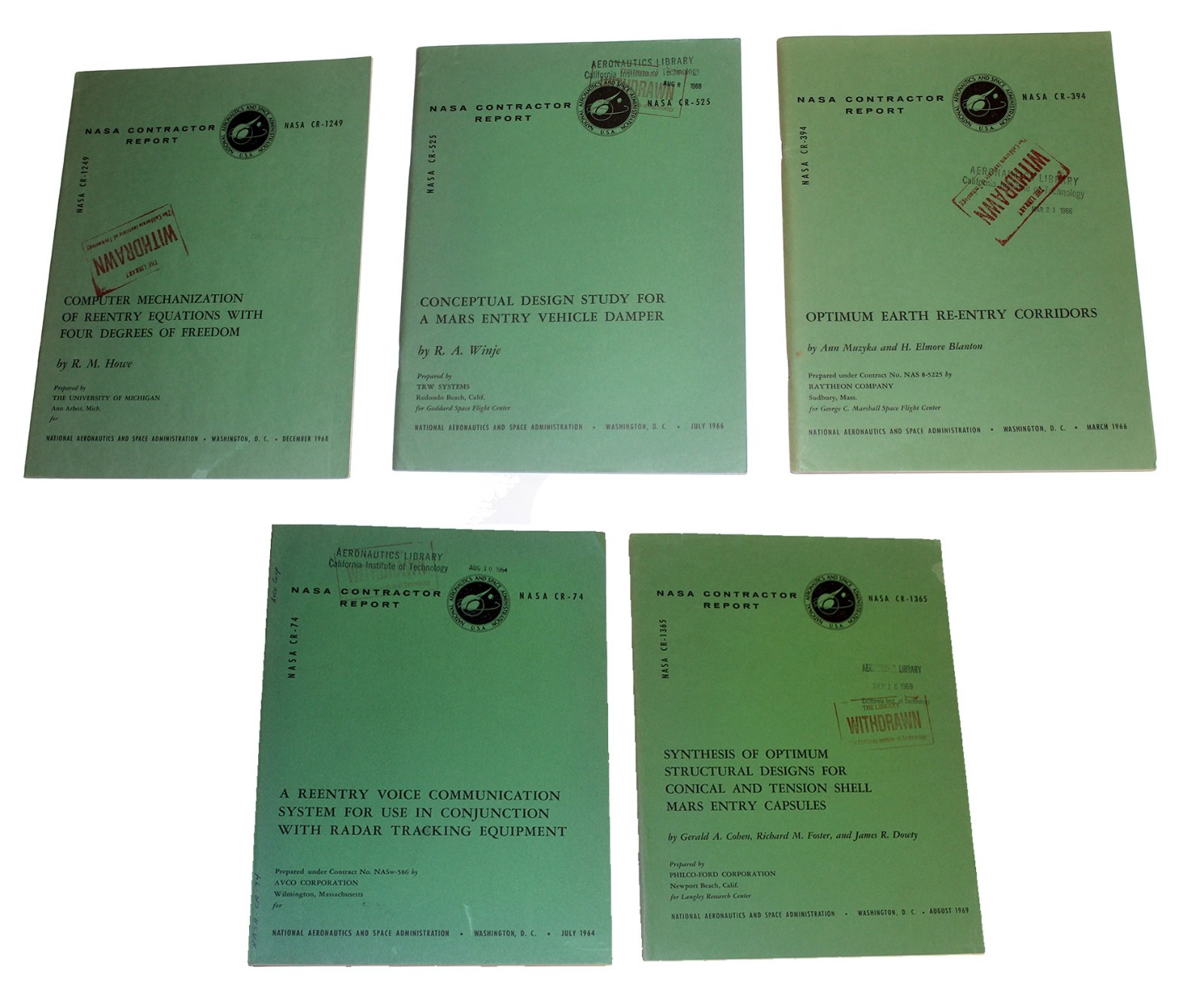 Five (5) official NASA Reports about Earth Re-Entry and Mars Entry (1964-1969)