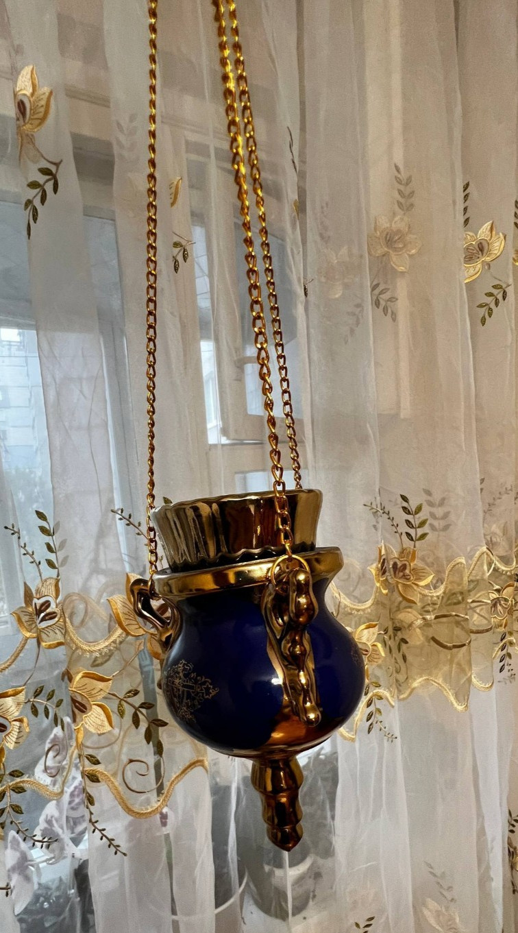 Orthodox Christian Ceramic Hanging Lampada Oil Vigil Lamp with Chain