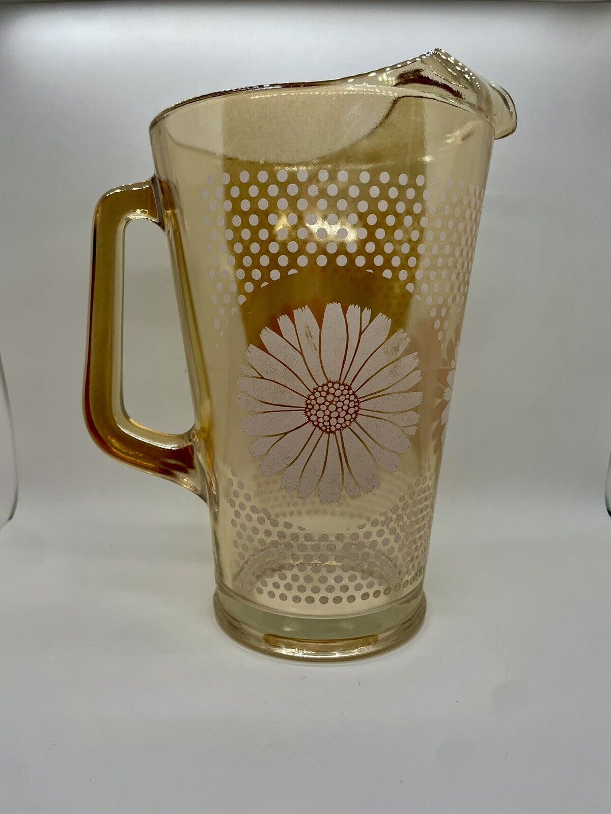Vintage Glass Pitcher Flower Daisy & Dots Iridescent Amber Glass White Flower