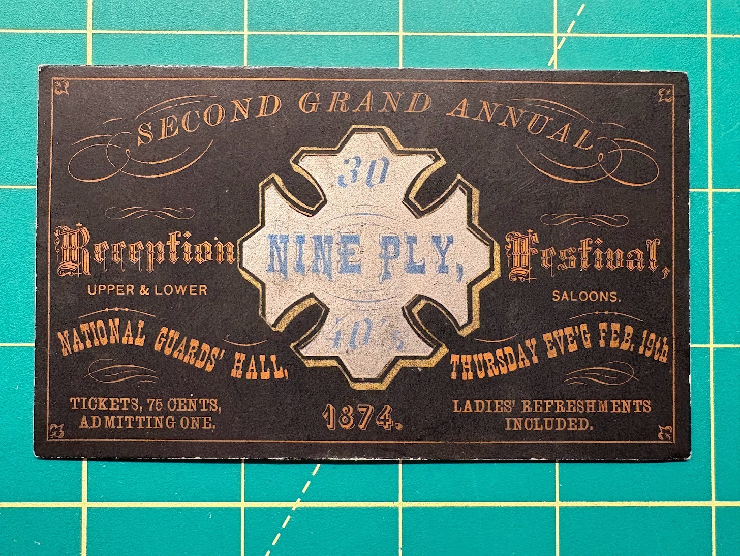 1874 Philadelphia, PA Festival trade card announcement - see the graphics