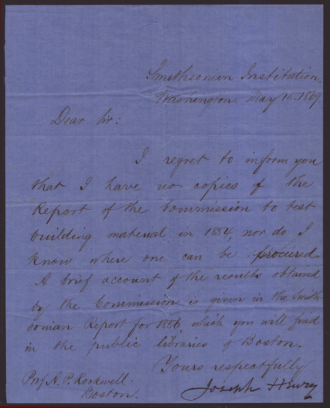 JOSEPH HENRY - MANUSCRIPT LETTER SIGNED 05/15/1869