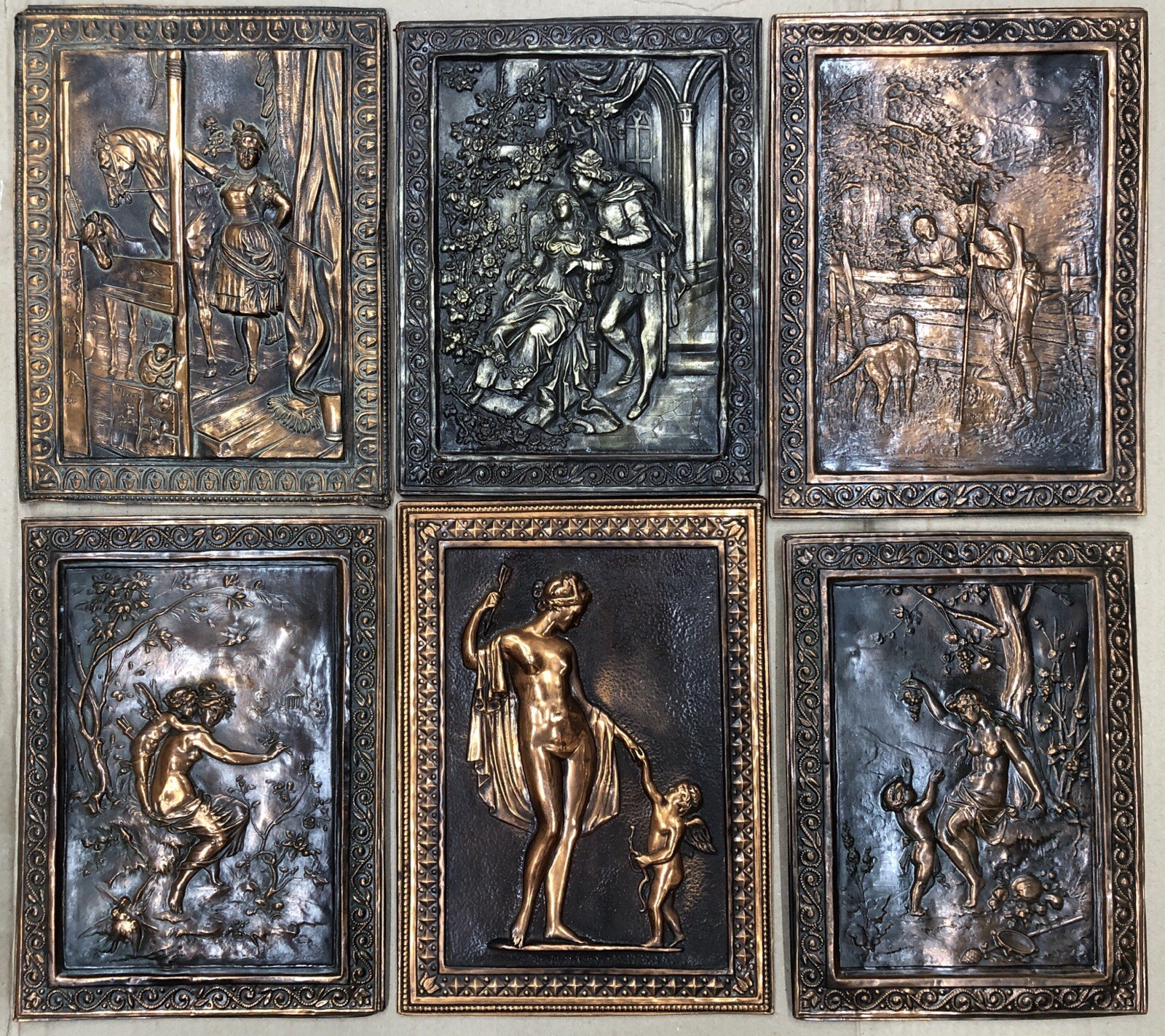 6 Soviet Copper Repousse Wall Plaques Odessa 1970s Circus Diana Amor Art Set