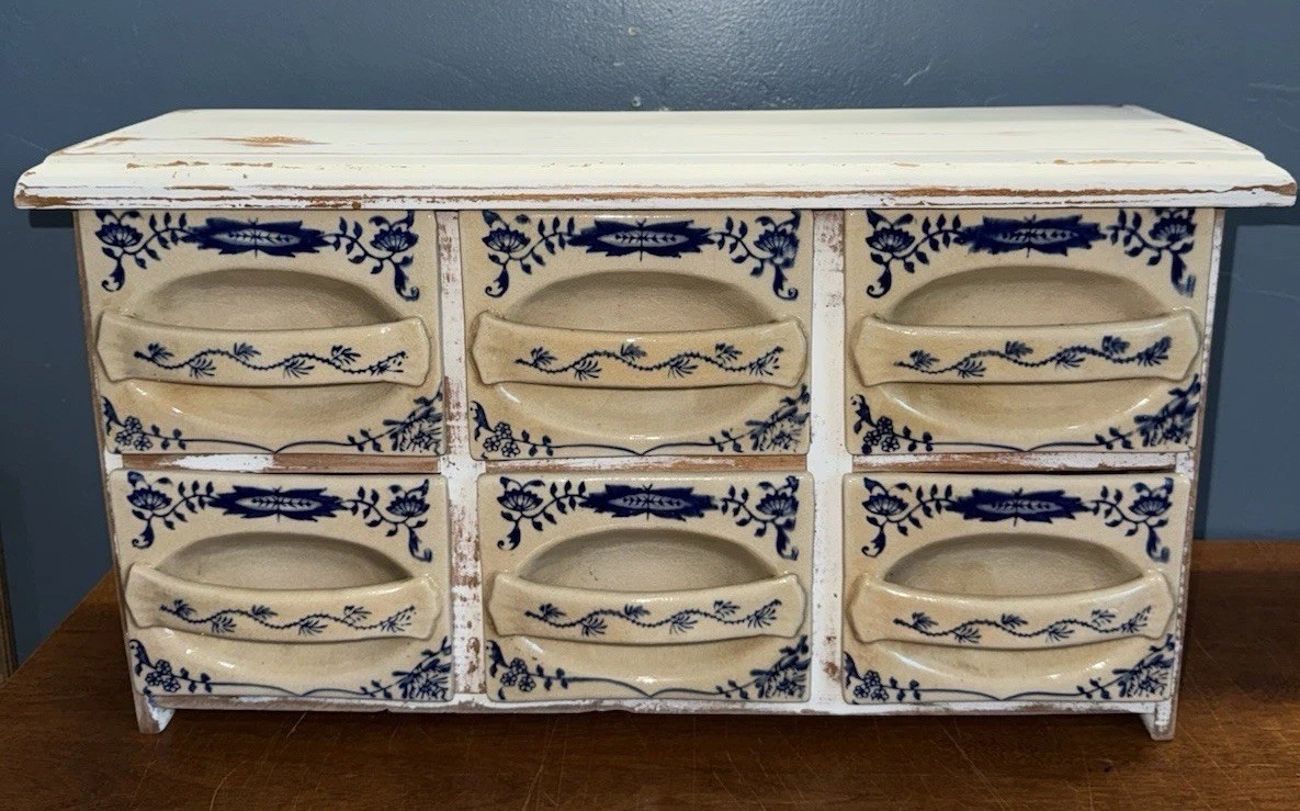 Antique Blue Onion Pattern Porcelain 6 Draw Cabinet 20” X 11” Exc Condition