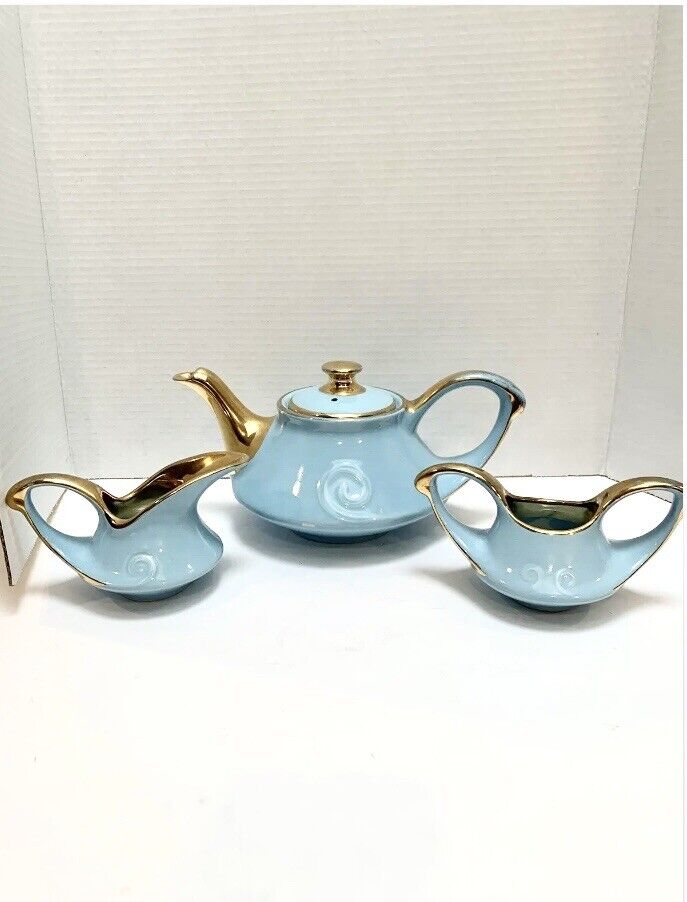Vtg Pearl China Co Tiffany Blue Teapot Sugar and Creamer 22K Gold USA  Pls read