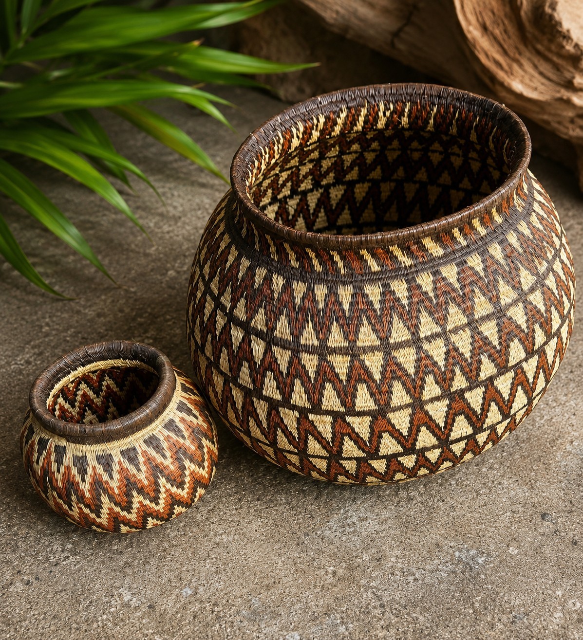 Pair Wounaan Embera Panama Handwoven Basket Vessels Fine Geometric Weaving
