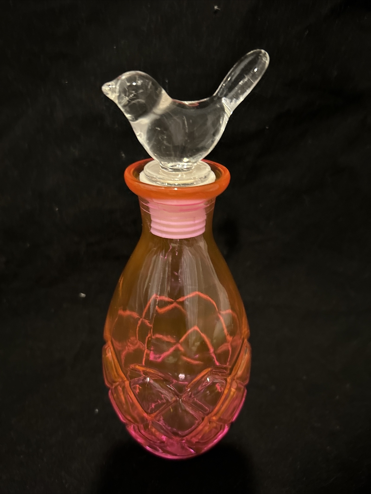 Vtg very pretty Pink Glass 8”perfume bottle glass bird stopperGift Vanity Decor