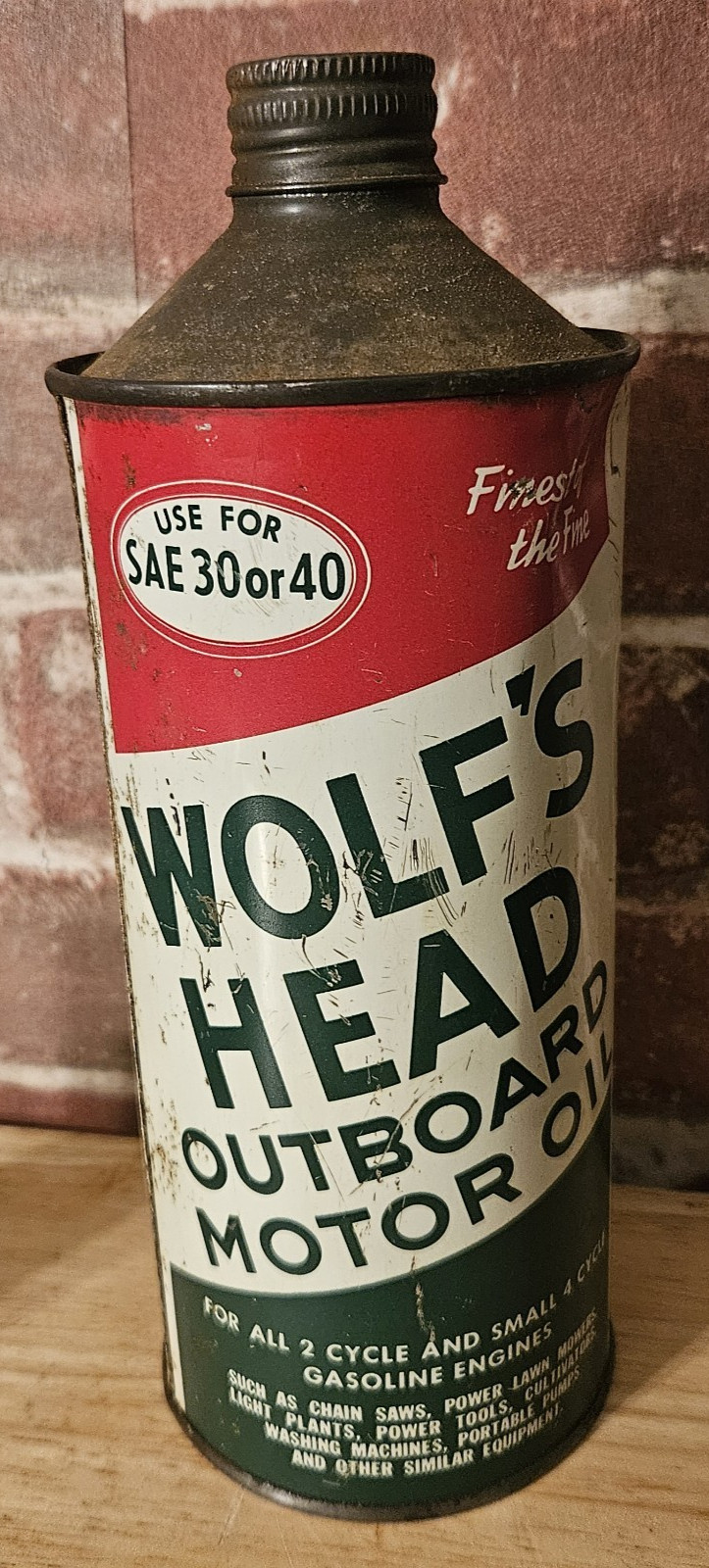 VINTAGE WOLFS HEAD CONE TOP OUTBOARD MOTOR OIL CAN - RARE VINTAGE WOLFS HEAD CONE TOP OUTBOARD MOTOR OIL CAN - RARE
