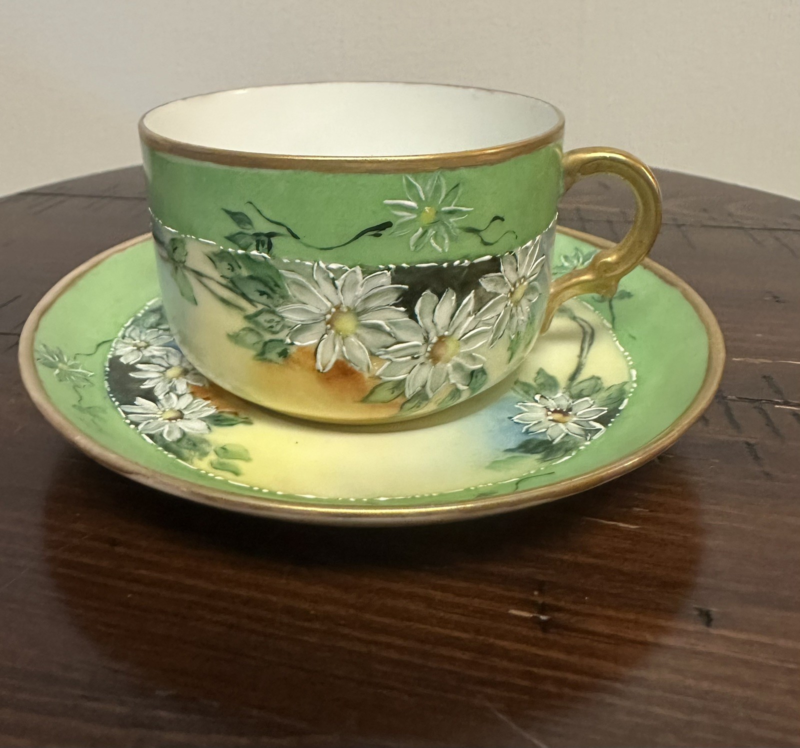 Antique C.T. Germany Hand Painted Teacup & Saucer Gold Trim Yellow Green Floral
