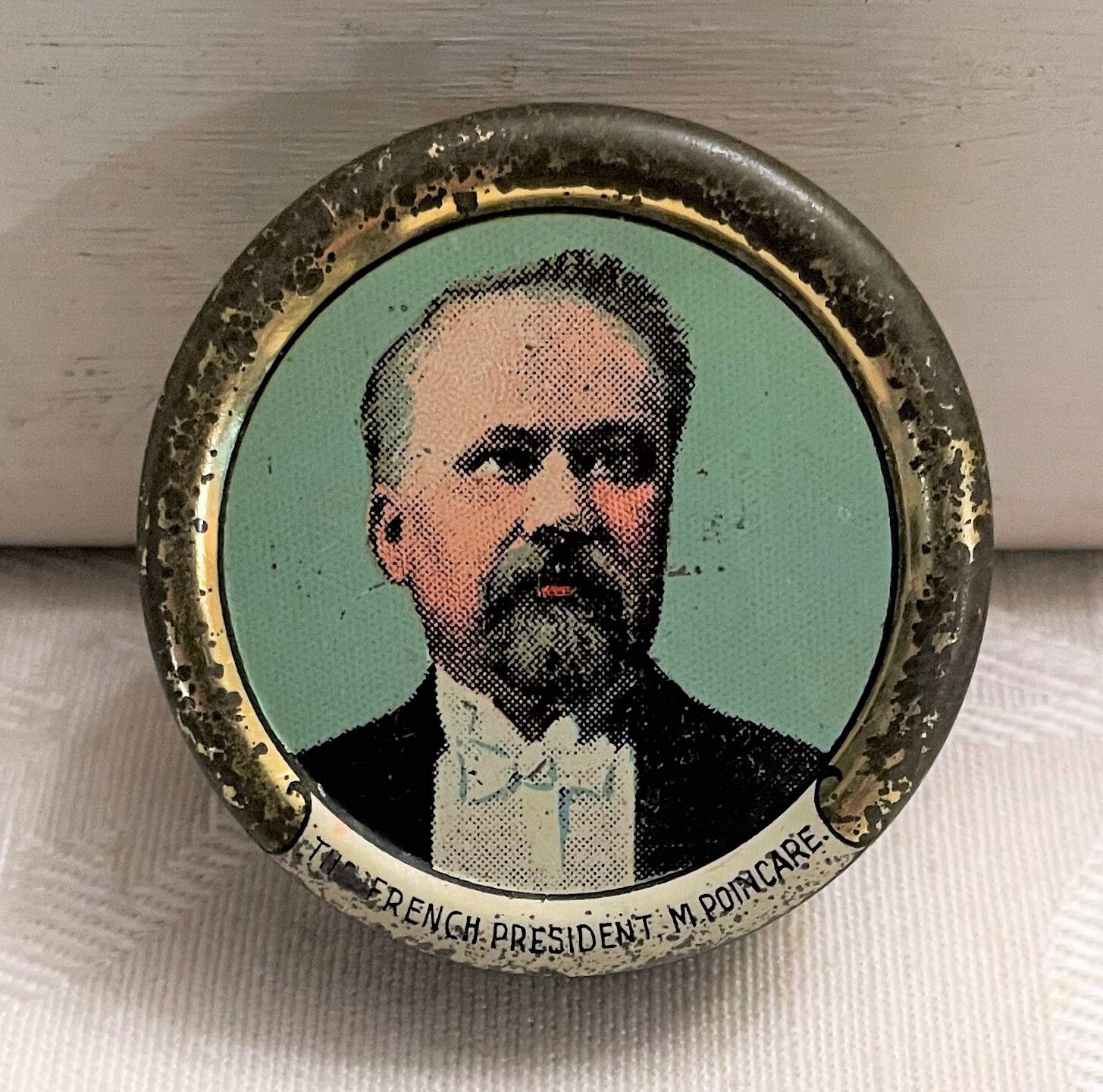 Rare Tiny Antique Tin Box French President Poincare c 1915 Vintage Small Box