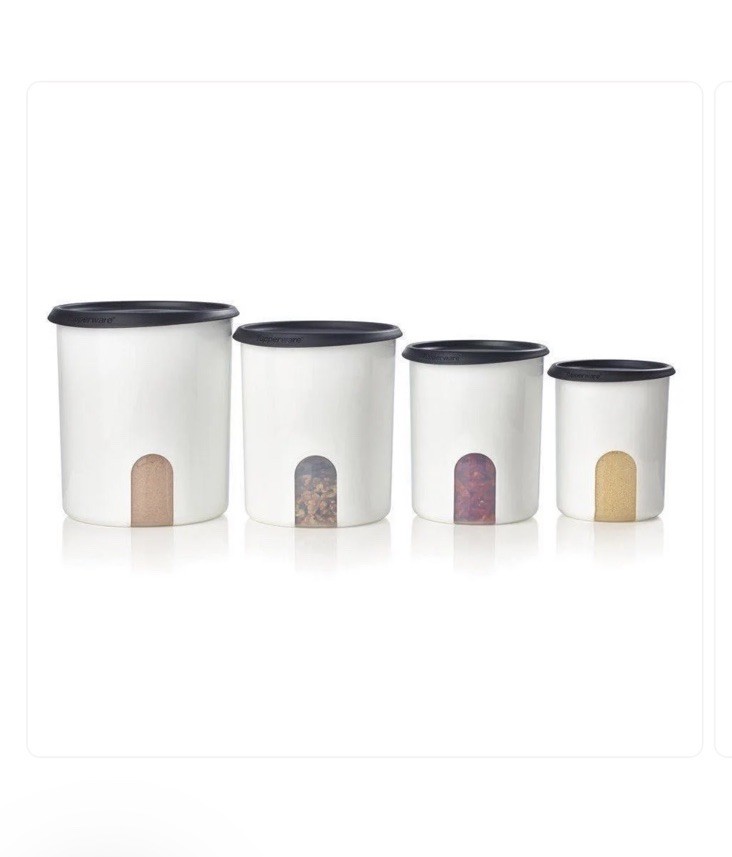 Tupperware One Touch Reminder 4pc. Canister Set & New Designed Seals Black White