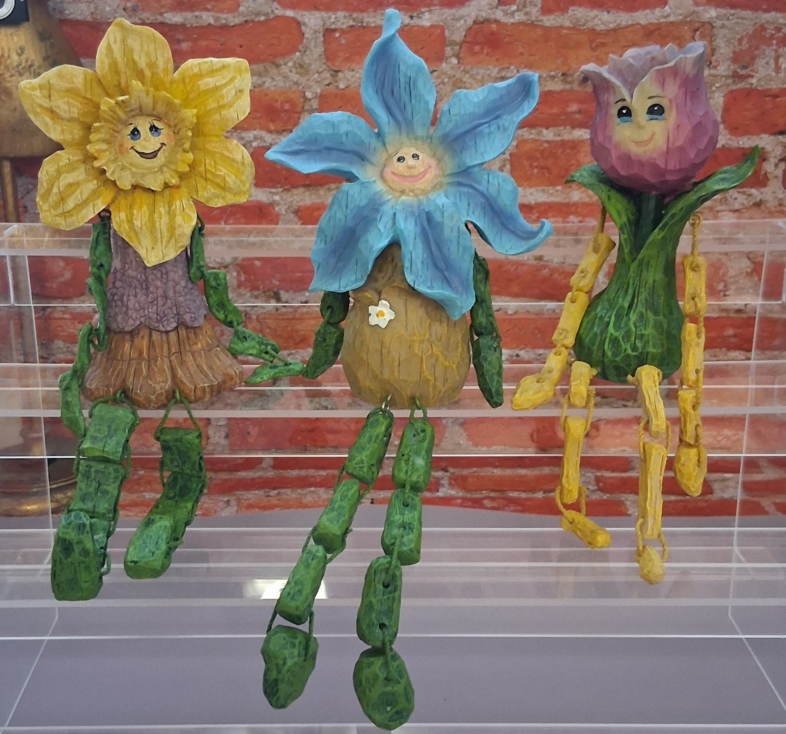 Vintage 80s Anthropomorphic Flower Shelf Sitters Resin Set of 3 Flowers