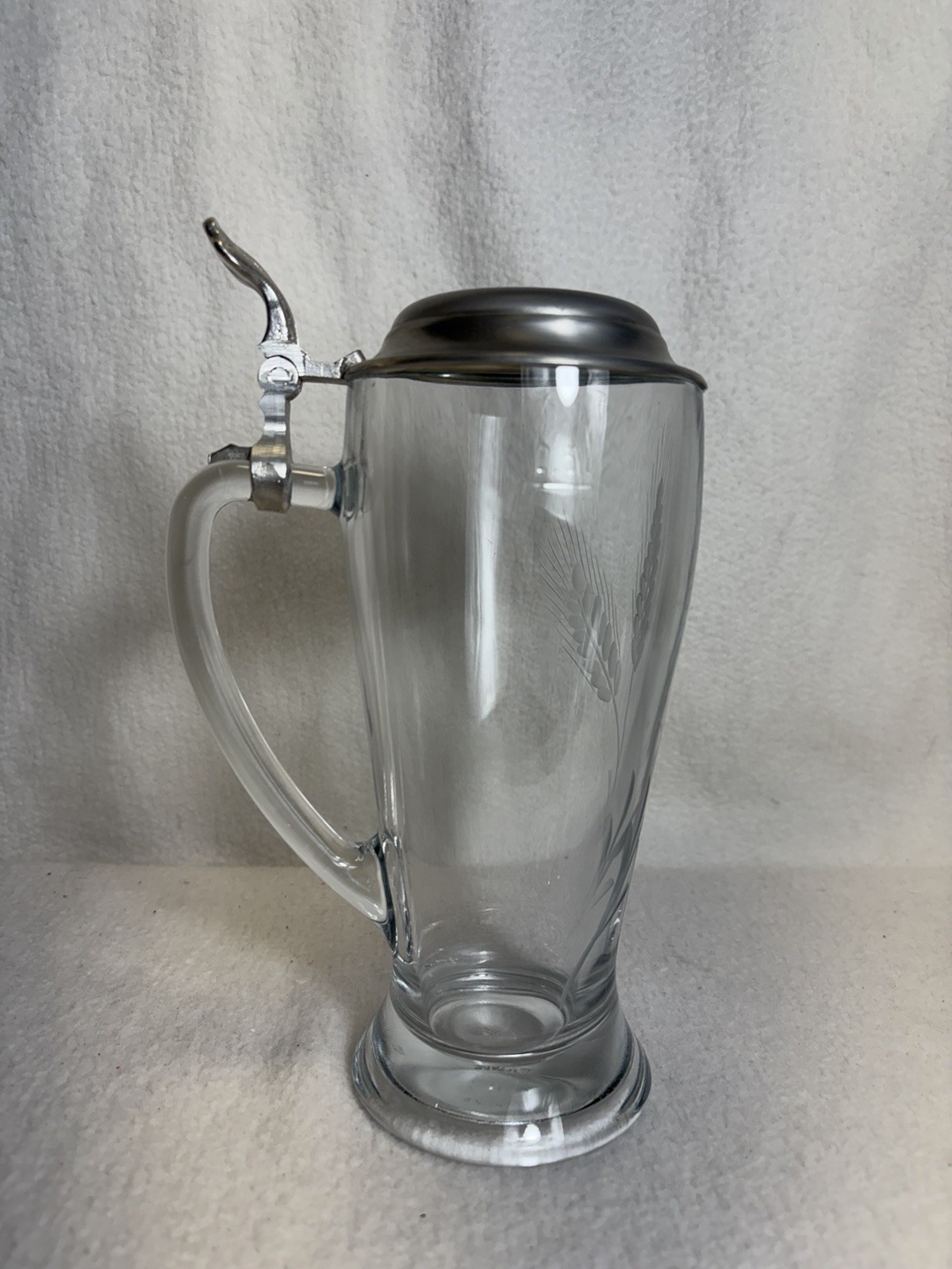 VTG Pewter & Chrystal Lidded Beer Stein Etched Glass Wheat Made in Italy