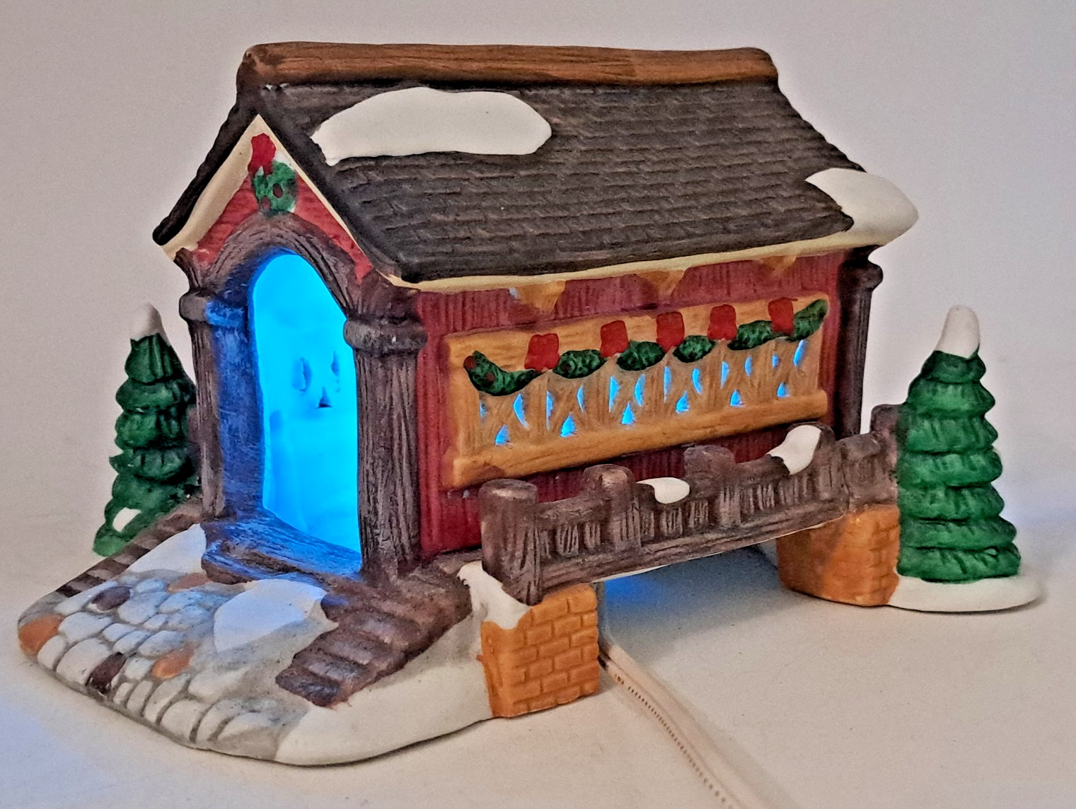Porcelain Christmas Village Electric Red Covered Bridge 8 Porcelain Christmas Village Electric Red Covered Bridge 8