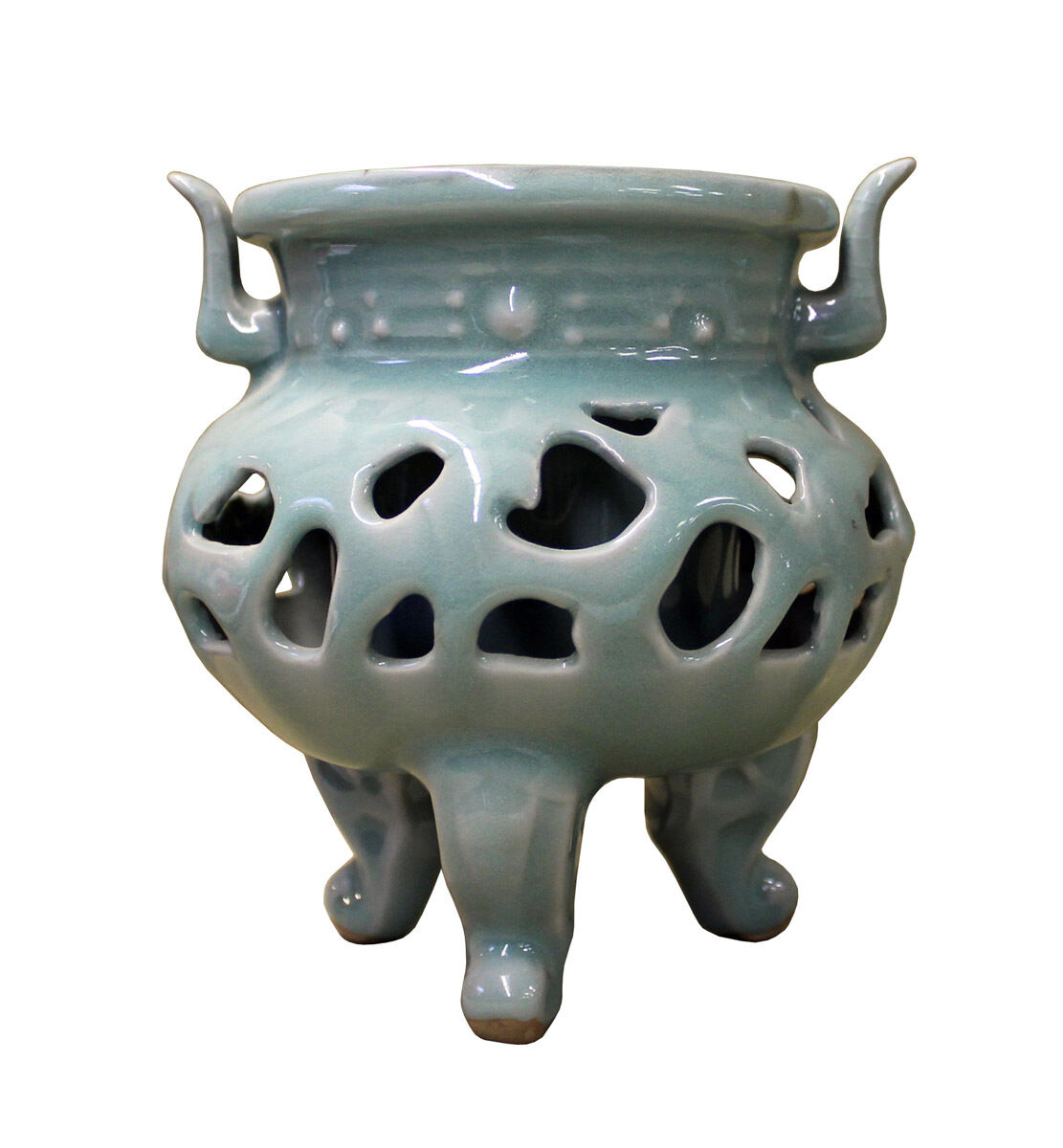 Chinese Ru Ware Celadon Ceramic Ding Incense Burner Display cs2544