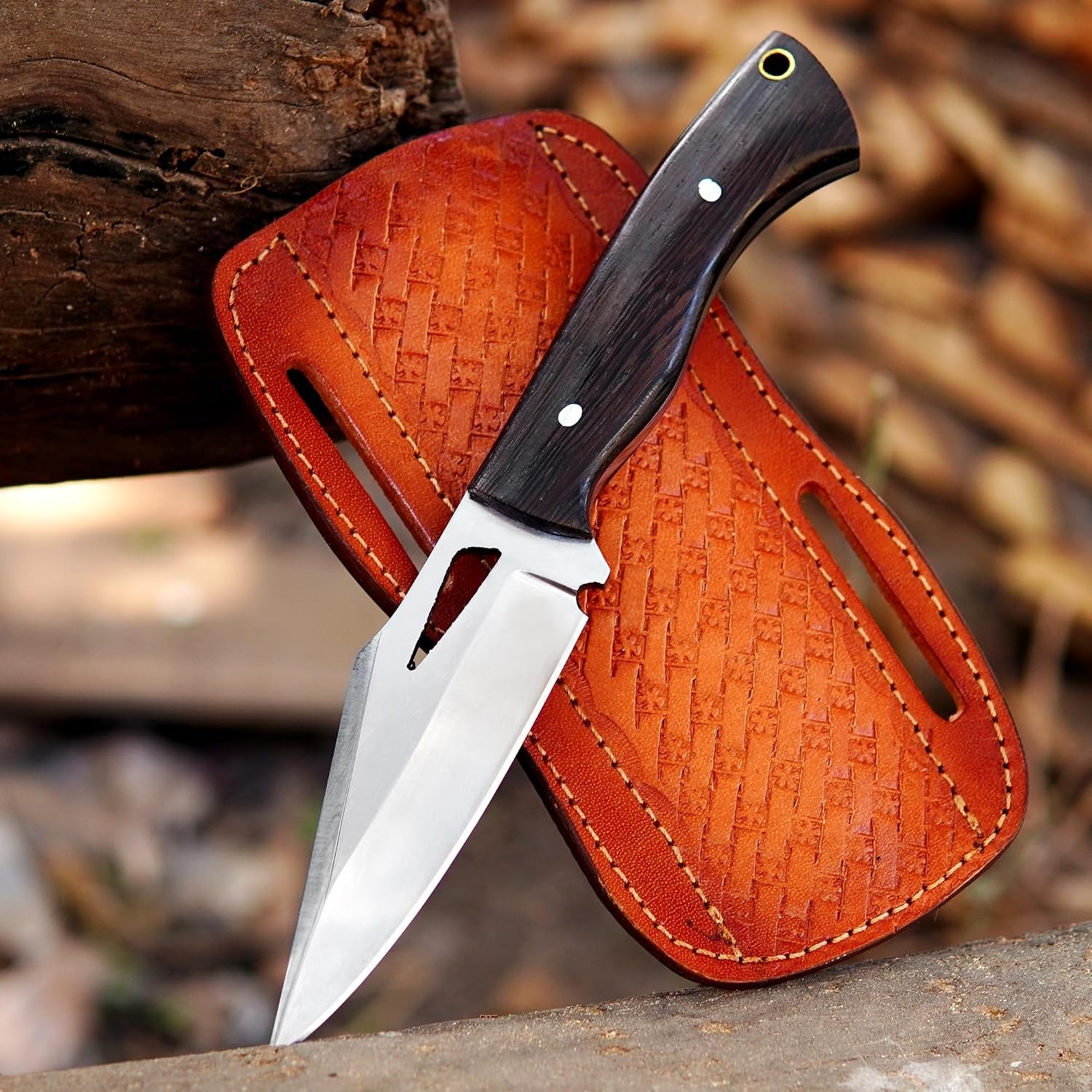 Handmade J2 Steel Skinning Hunting Knife Wood Handle Full Tang Leather Sheath