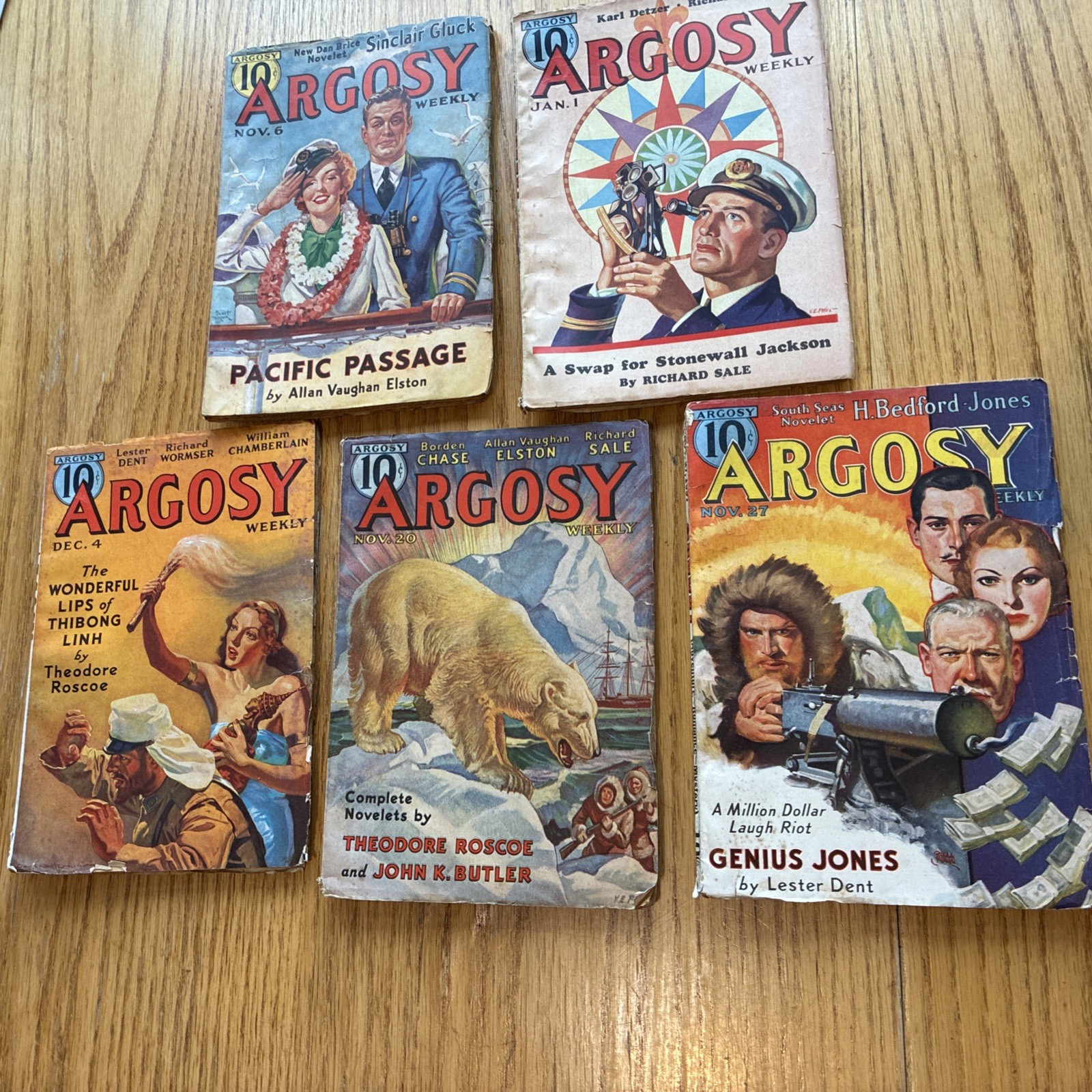 Lot of 5 Vintage Argosy Weekly Pulp Magazines 1937-1938 Aventure Mystery
