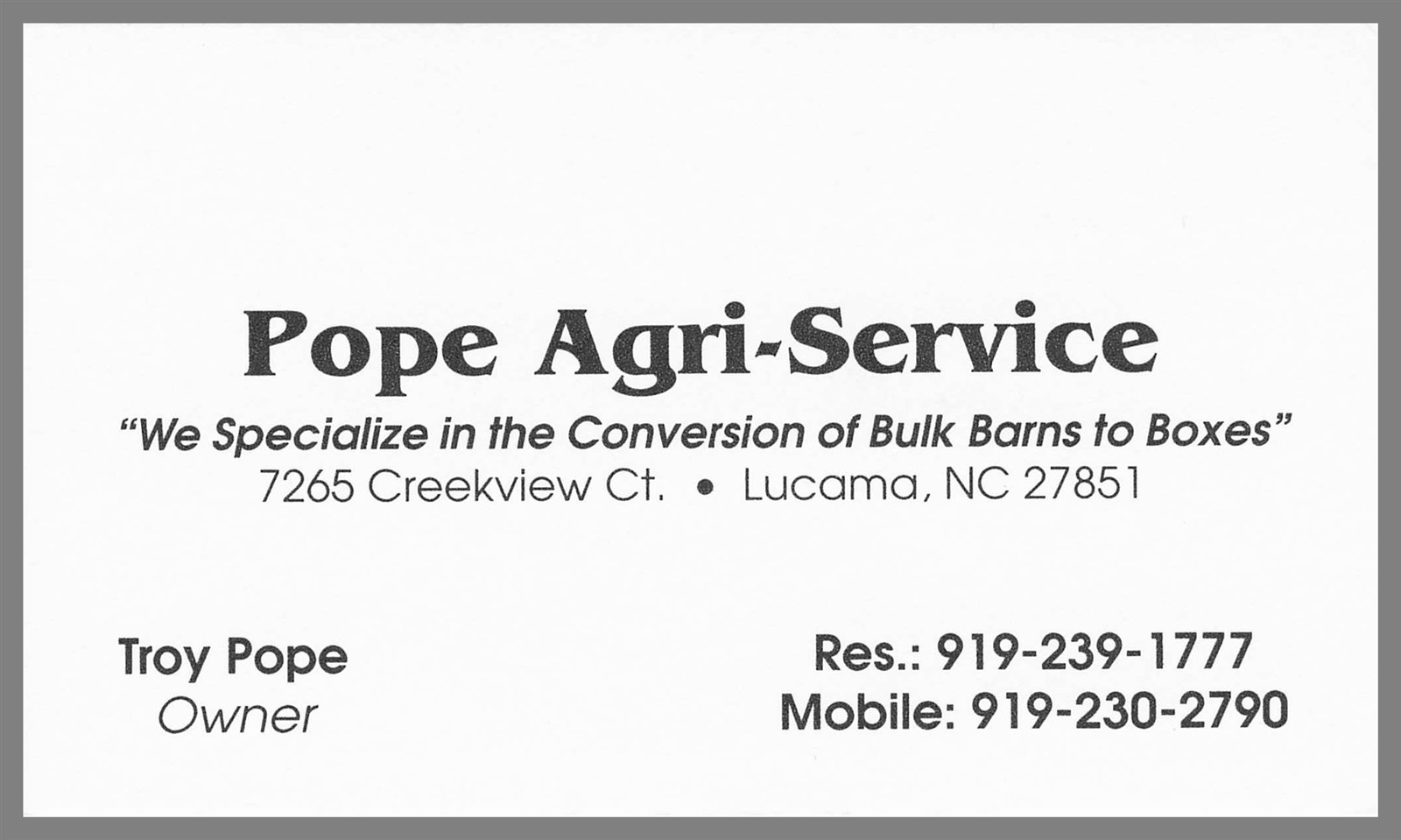 Pope Agri-Service Troy Pope Lucama NC Vintage Business Card