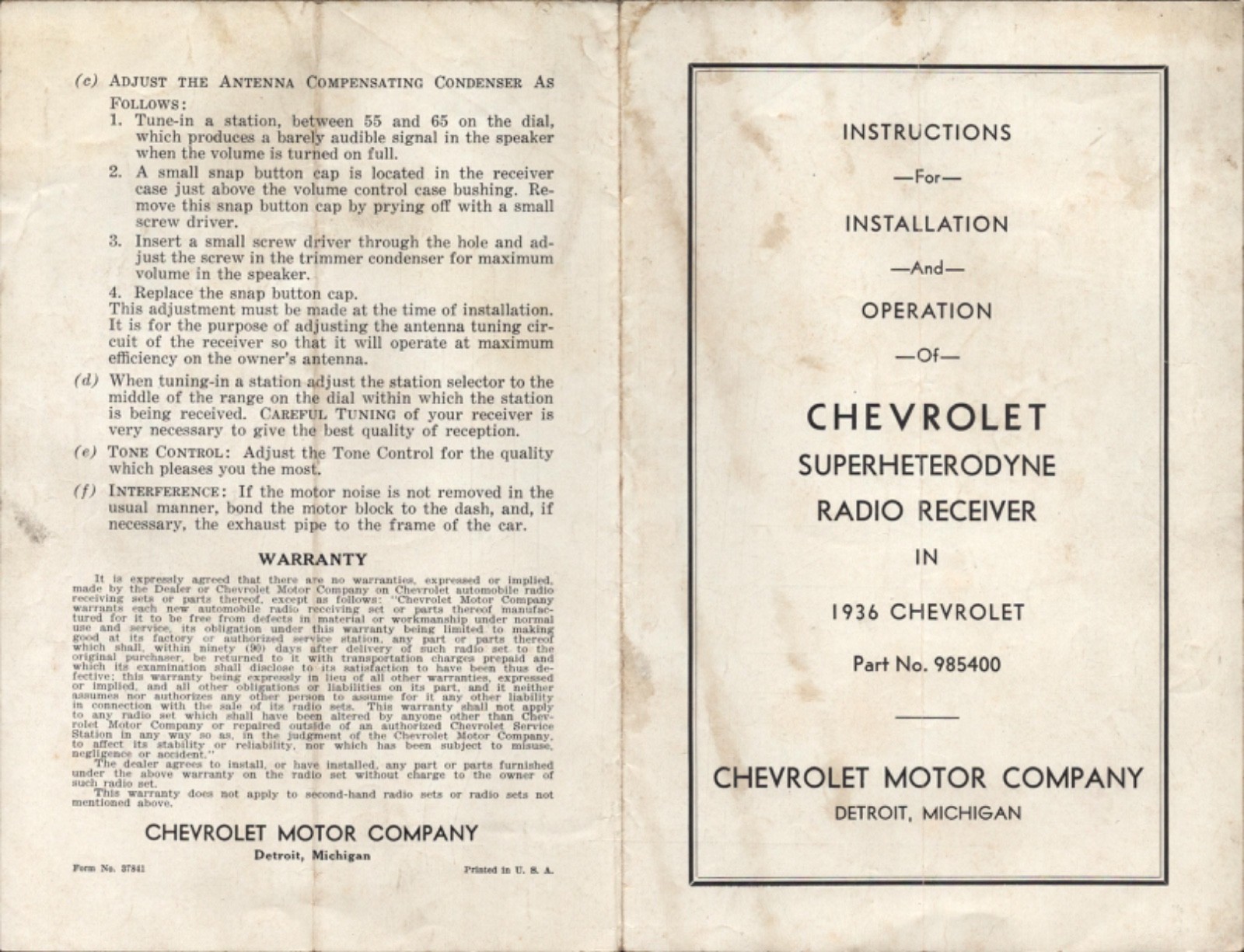 1936 Chevrolet Superheterodyne Radio Receiver Installation Instructions Pamphlet