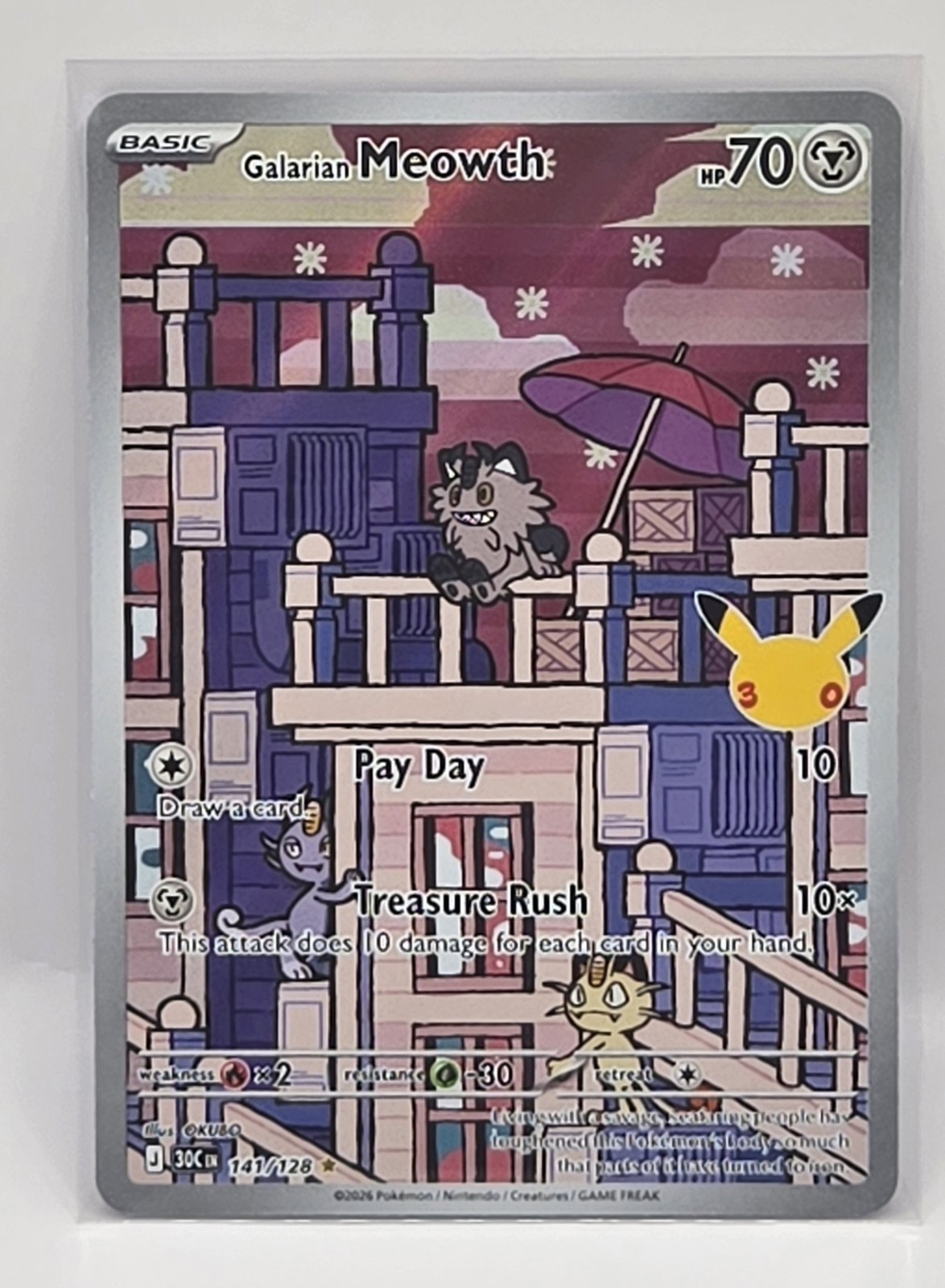 Pokemon 30th Anniversary Galarian Meowth 141/128 Illus Rare Holo Full Art