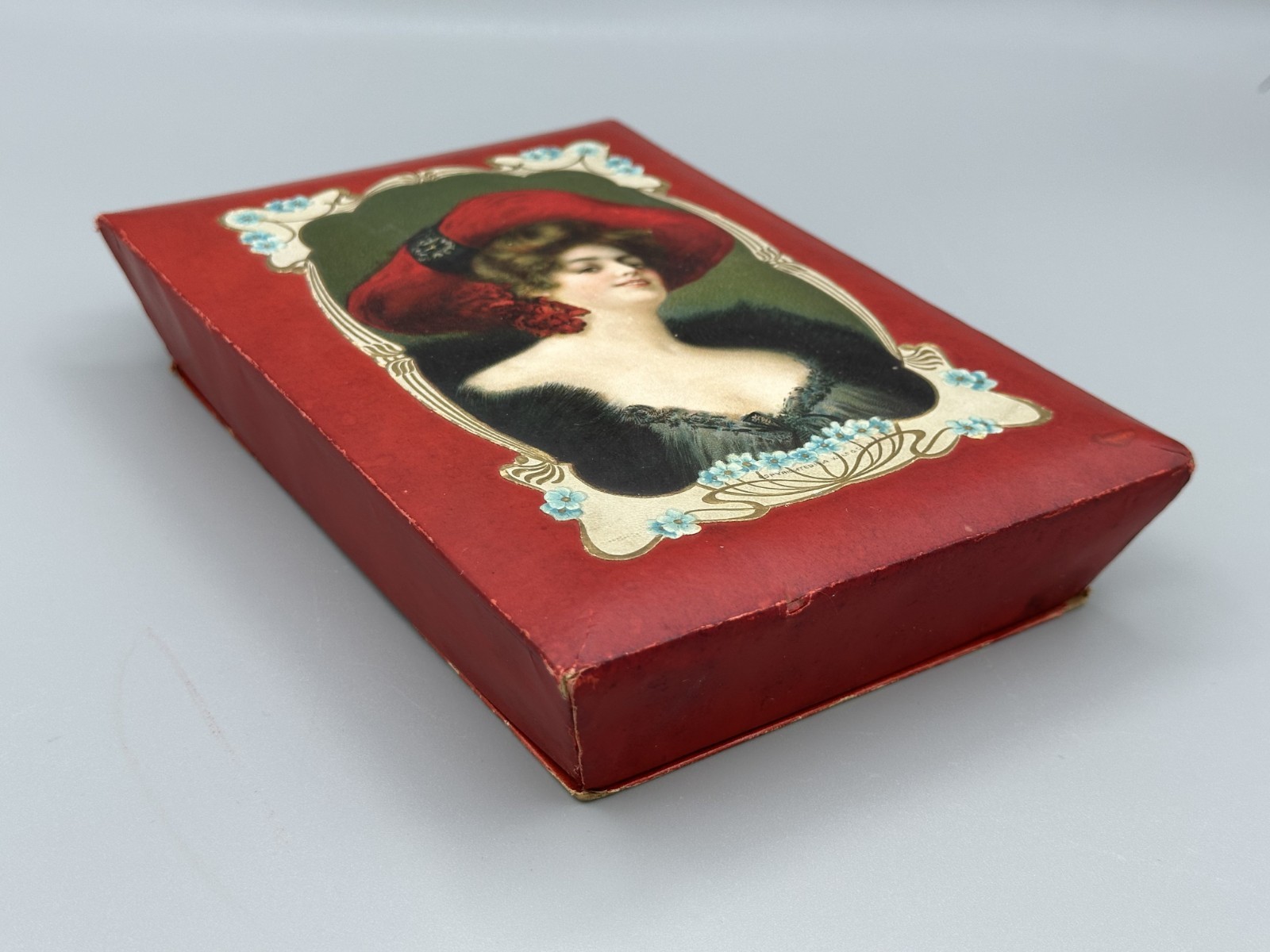 1904 CHOCOLATE CANDY BOX Wolf Co Phila Lithograph Portrait Red Bonnet Antique