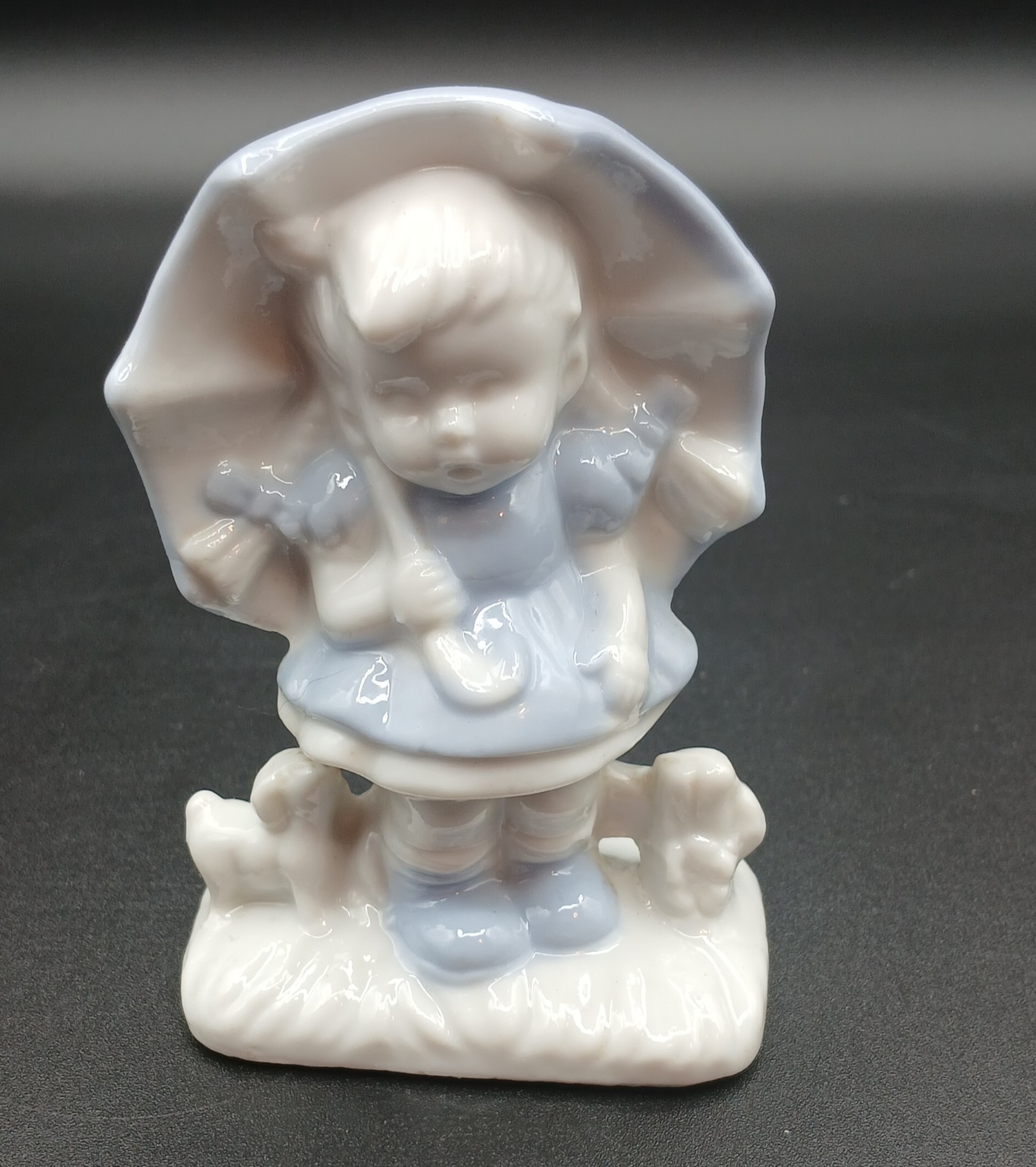 Vintage Blue & White Porcelain Girl with Umbrella Figurine Cottagecore Japan
