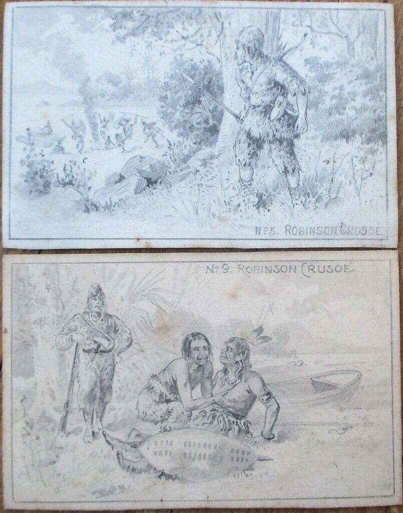 Robinson Crusoe ORIGINAL ART for SEVEN 1890 Trade Cards, Hand-Drawn, French