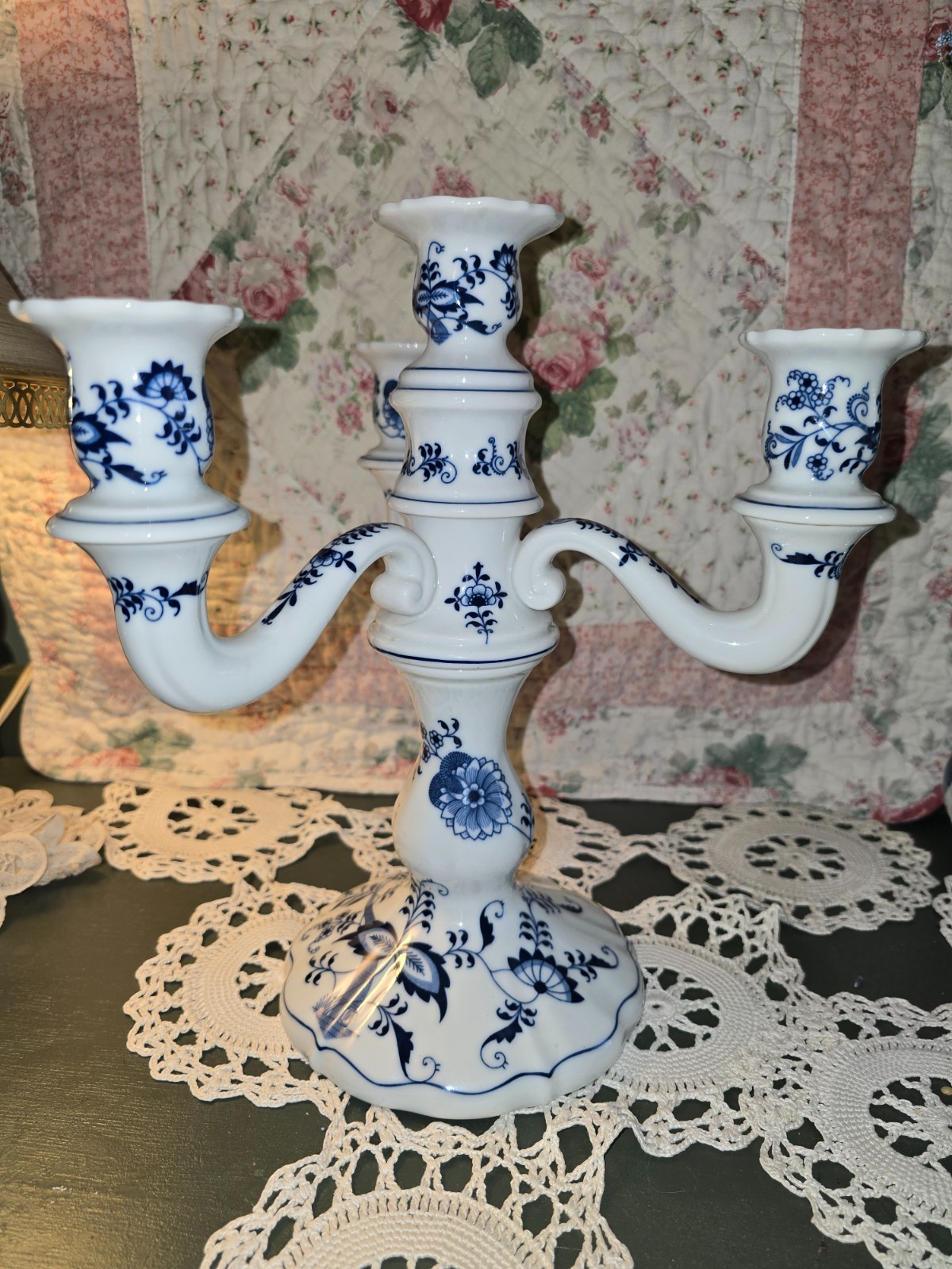 Rare Vintage Blue Danube Porcelain 4-Light Candelabra - Blue Onion Pattern, 3pc Rare Vintage Blue Danube Porcelain 4-Light Candelabra - Blue Onion Pattern, 3pc