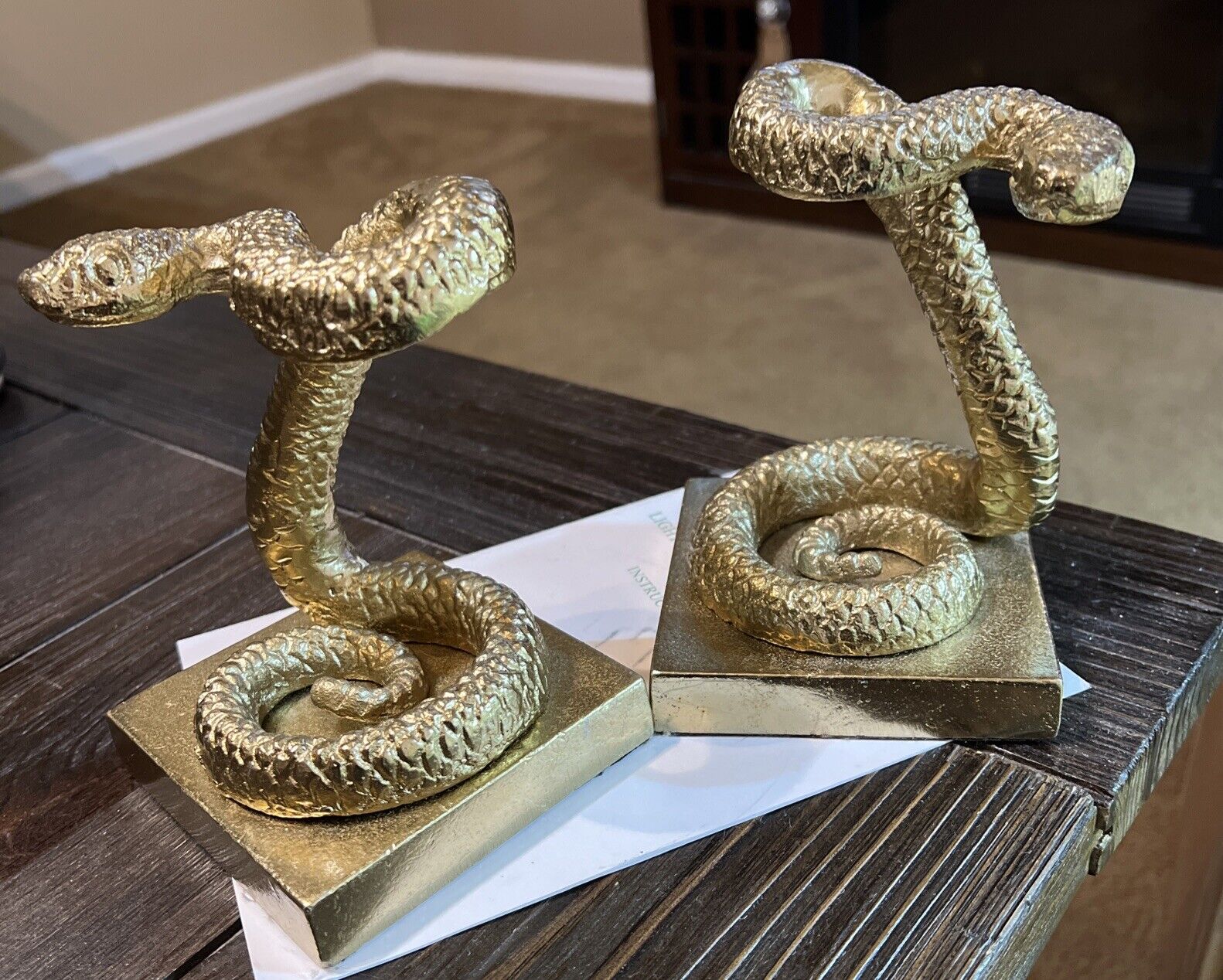 Brass Snake Book Ends On Brass Base, Striking Rattlesnake, 6” Tall, Very Cool