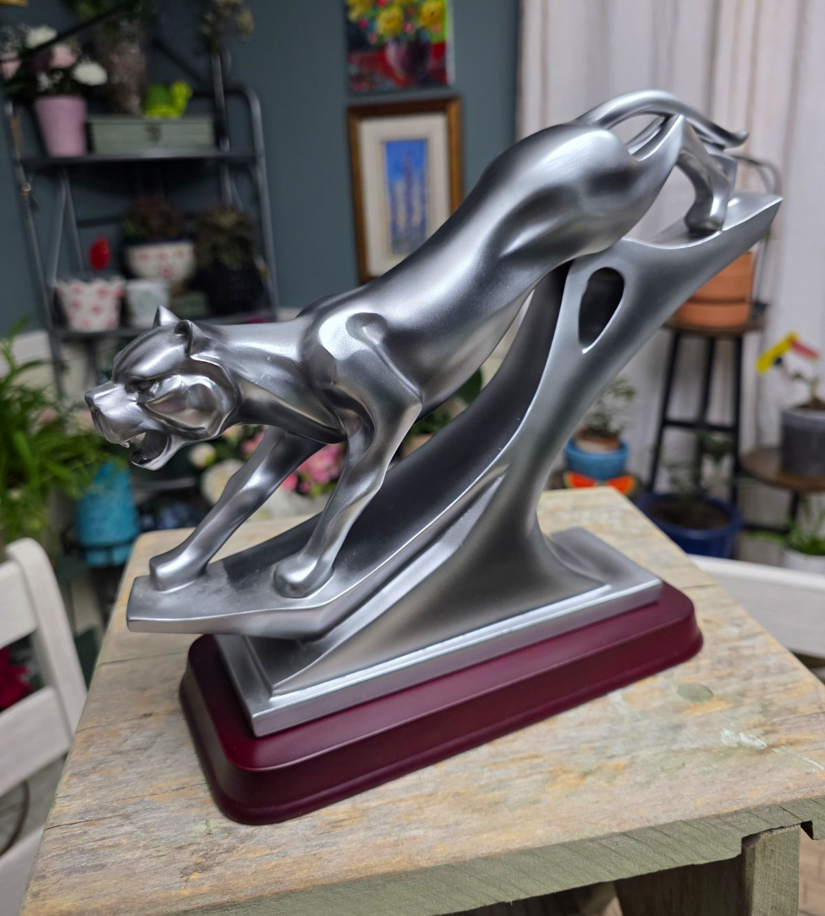 Herco Silver Tone Panther Metal Sculpture Figurine on Burgundy Base Herco Silver Tone Panther Metal Sculpture Figurine on Burgundy Base