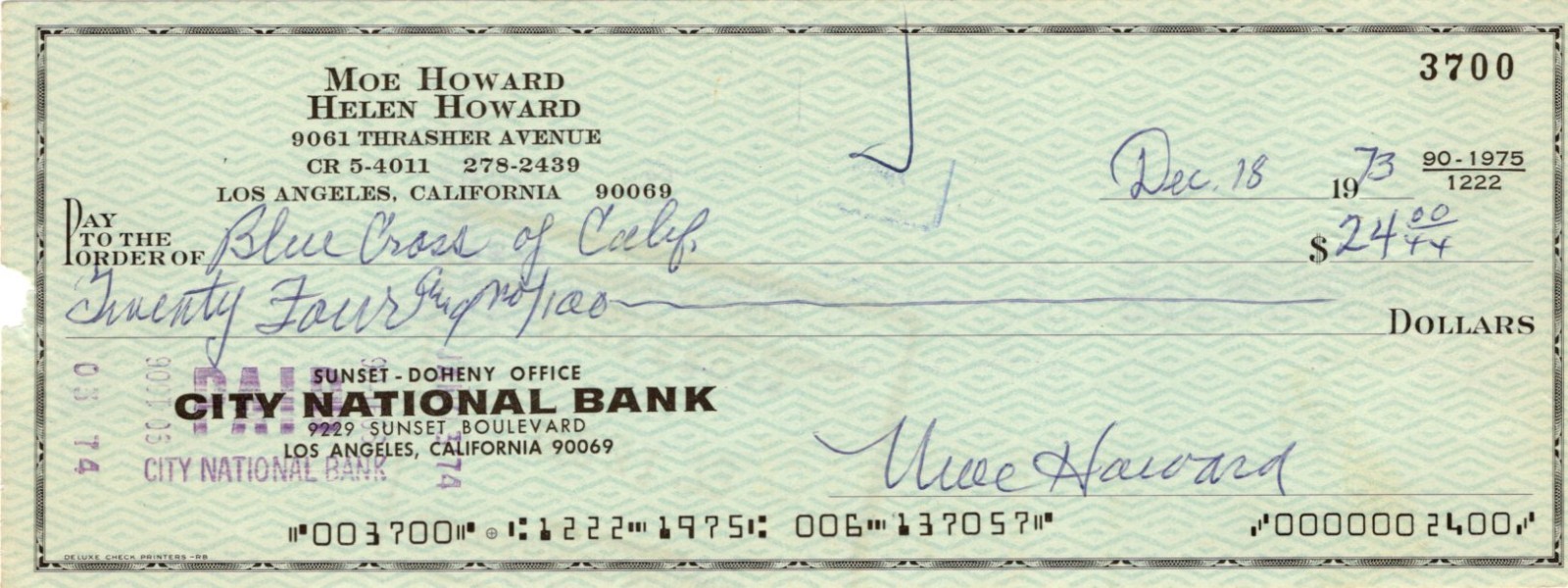 Moe Howard The Three Stooges Comedian Rare Signed Autograph Check Grad LOA