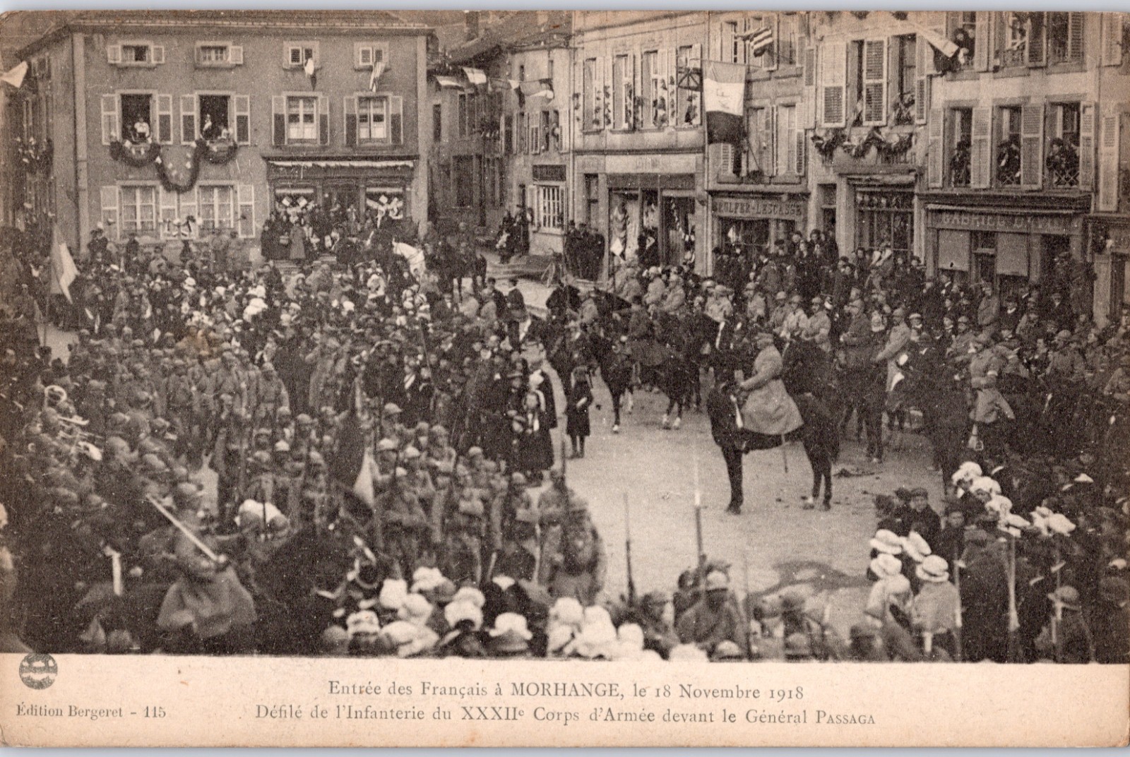 MORHANGE FRANCE GENERAL PASSAGA INFANTRY PARADE 18 NOVEMBER 1918 POSTCARD PM