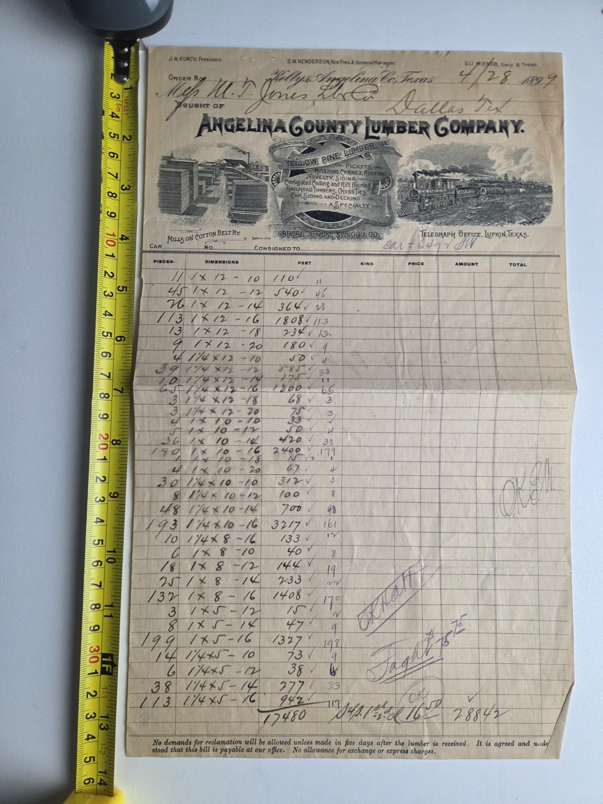 1899 Angelina County Lumber Company Keltys Texas Billhead Logging Train Sawmill