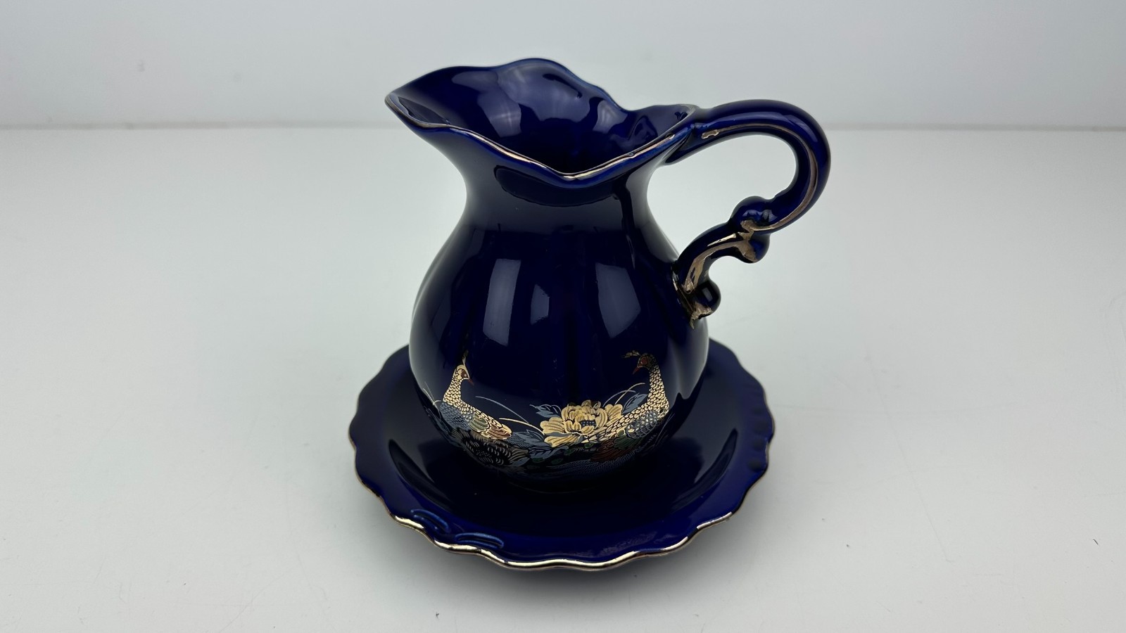 Vintage 1980s Cobalt Blue Peacock Mini Pitcher and Basin Bowl Set Gold Trim Taiw